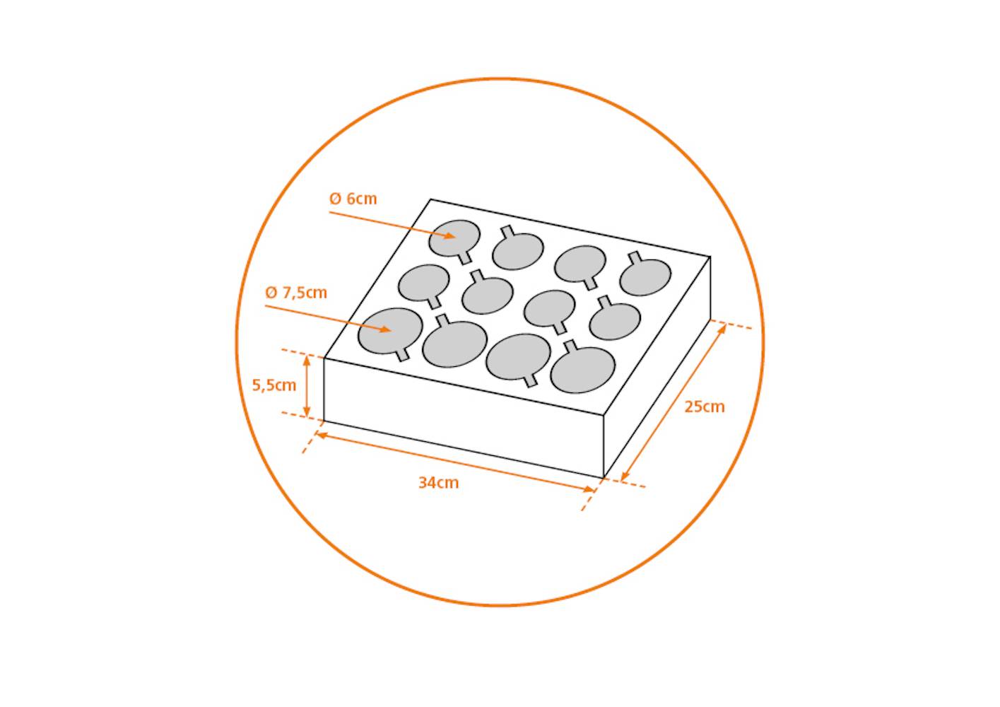 Diagramm eines rechteckigen Tabletts mit 3 Reihen von 4 kreisförmigen Vertiefungen für Cupcakes, Abmessungen: 25 cm x 34 cm Grundfläche, 5,5 cm Höhe, 6 cm Vertiefungsdurchmesser mit 7,5 cm Abstand zwischen den Mittelpunkten.
