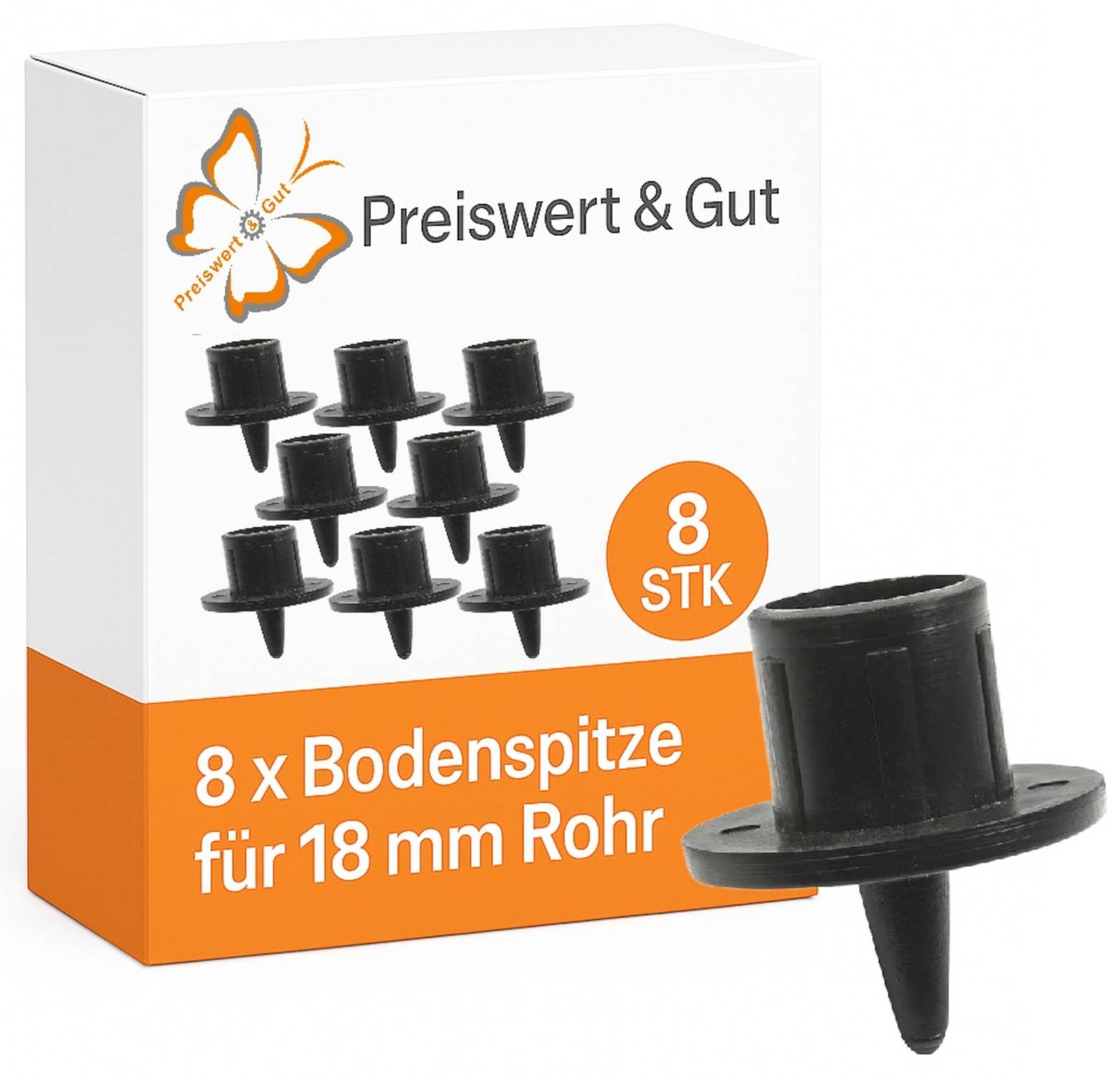 8 x Bodenstachel für 18 mm Rohr', zeigt 8 schwarze Bodenstachel mit Verpackung. Produkt von 'Preiswert & Gut'.