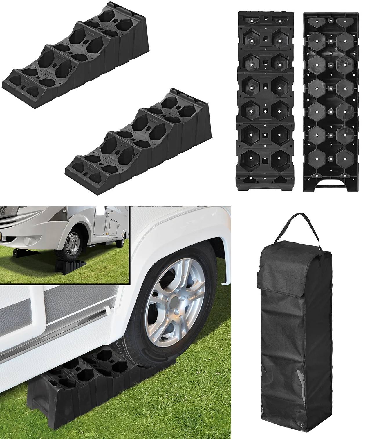 Satz schwarzer Kunststoff-Nivellierrampensatz für Fahrzeuge, in verschiedenen Konfigurationen dargestellt. Eine Rampe ist unter einem Autoreifen platziert und zeigt die Anwendung. Inklusive Transporttasche.