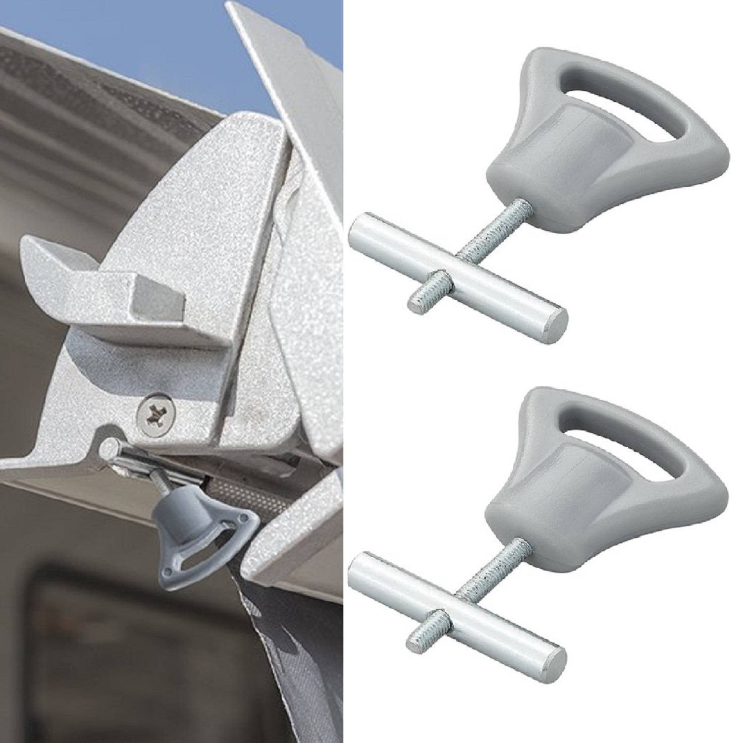 Grauer universeller Markisenklemmer hält eine Wohnmobilmarkise sicher fest; zwei Klemmer werden gezeigt, jeder mit T-Bolzengriff und Schraube.