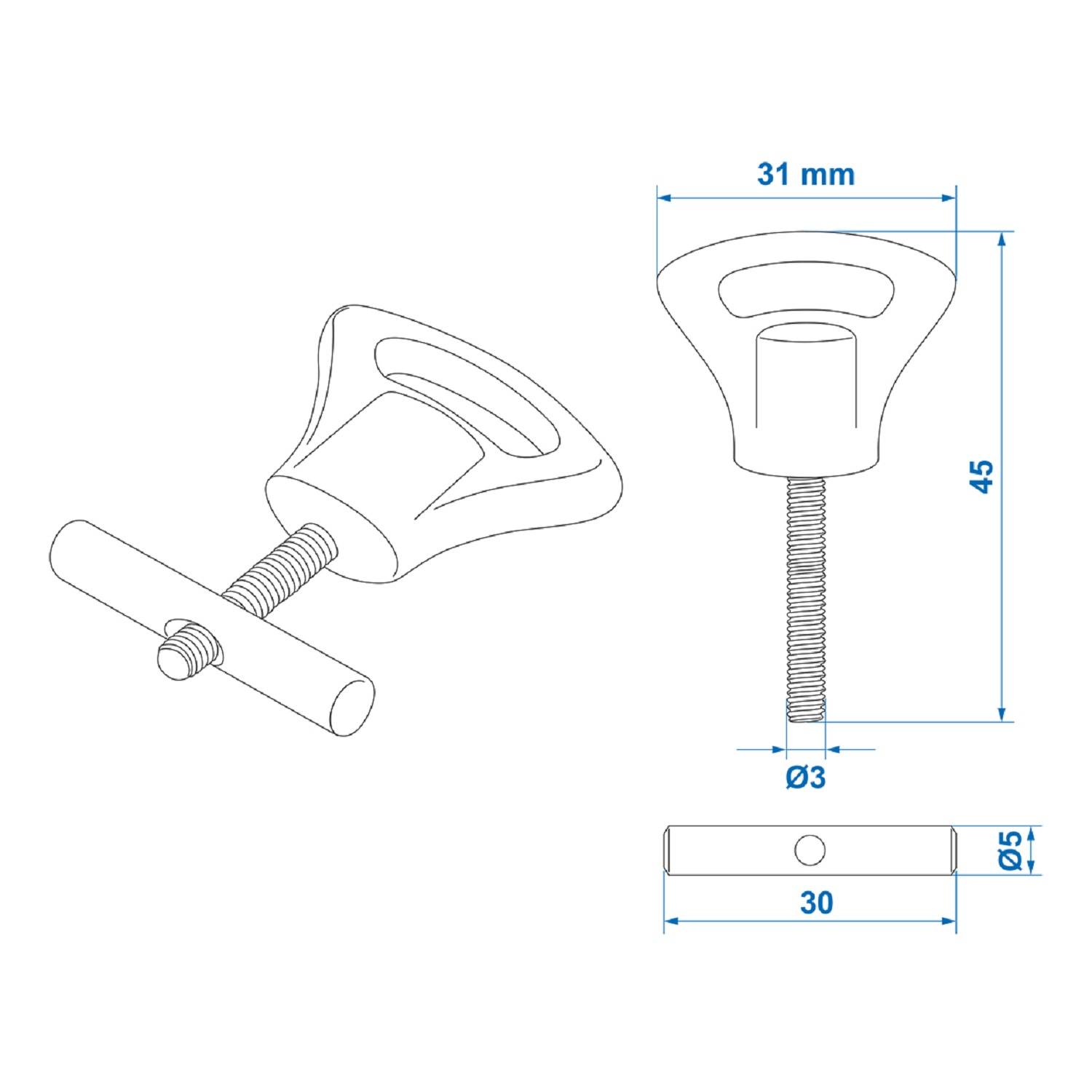 Technische Zeichnung eines Gewindekopfes mit Griff, Abmessungen: 31 mm Breite, 45 mm Höhe, 3 mm Gewindedurchmesser, 30 mm Gesamtlänge.