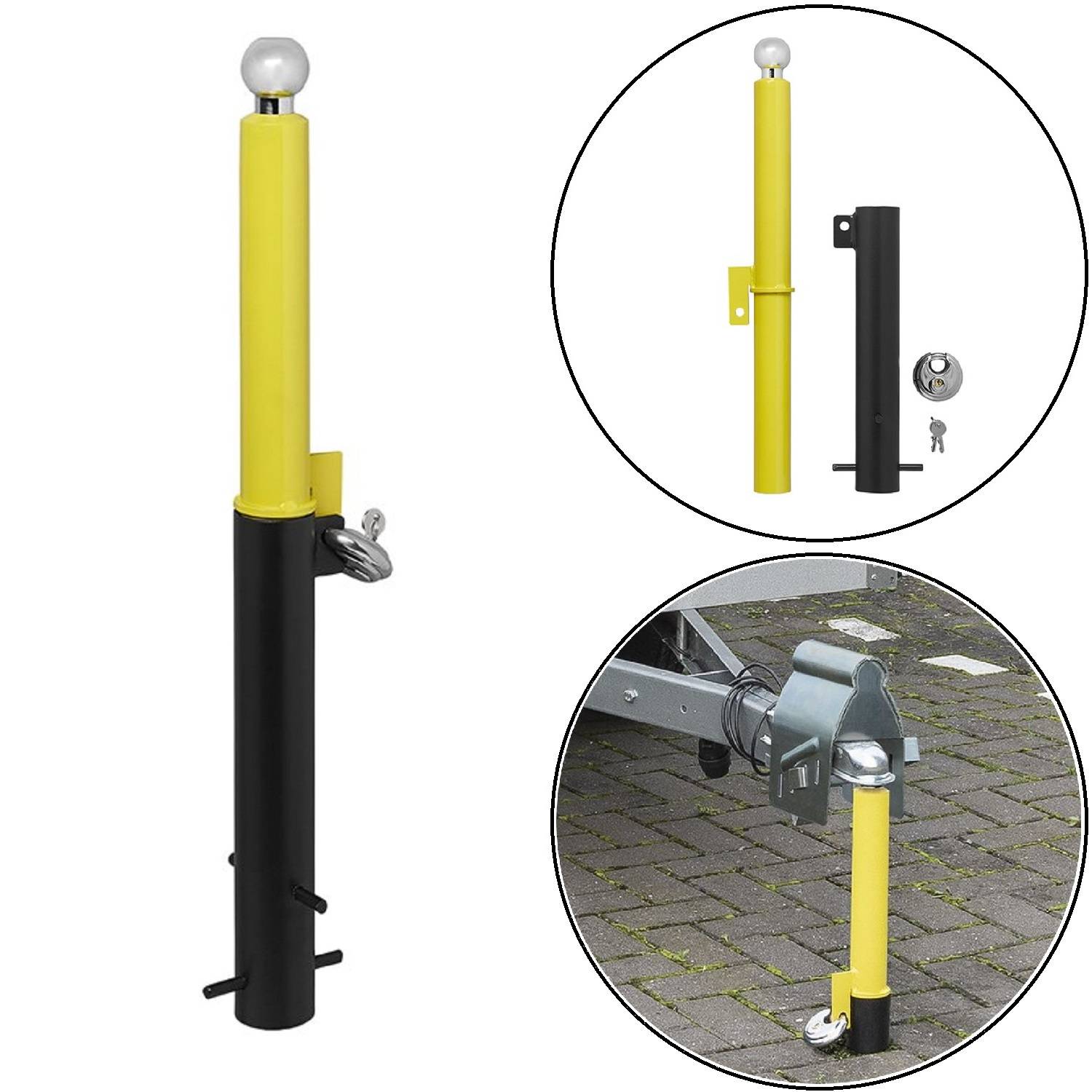 Gelber und schwarzer Poller mit einer runden Spitze, der in Verwendung gezeigt wird, um die Verbindung eines geparkten Anhängers zu schützen. Enthält Schloss und Schlüssel zur Sicherung.