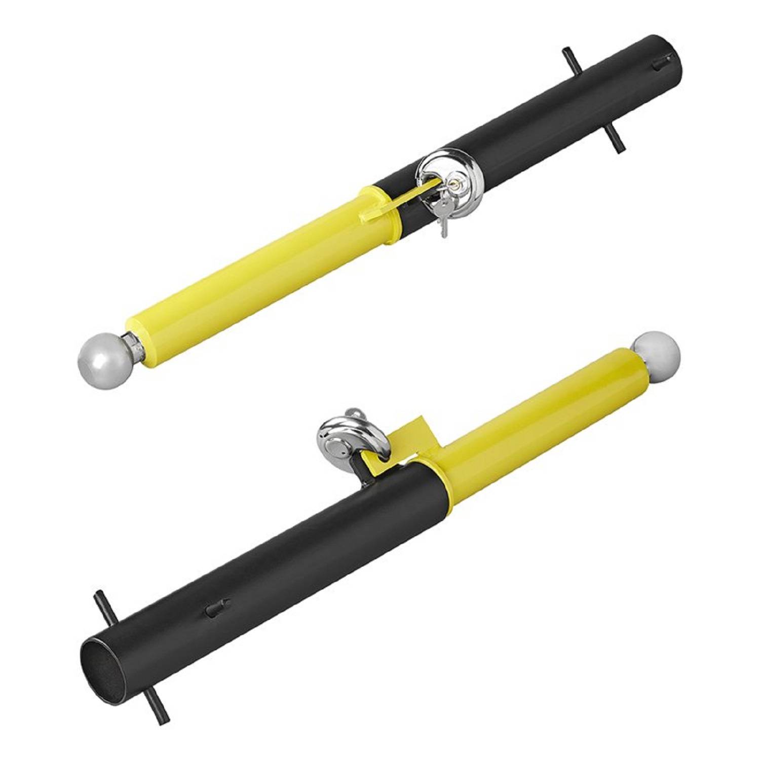 Zwei gelbe und schwarze verriegelbare Teleskop-Stangen mit Metallklammern, entwickelt zum Befestigen von Schweiß-Werkzeugen oder ähnlicher Ausrüstung.