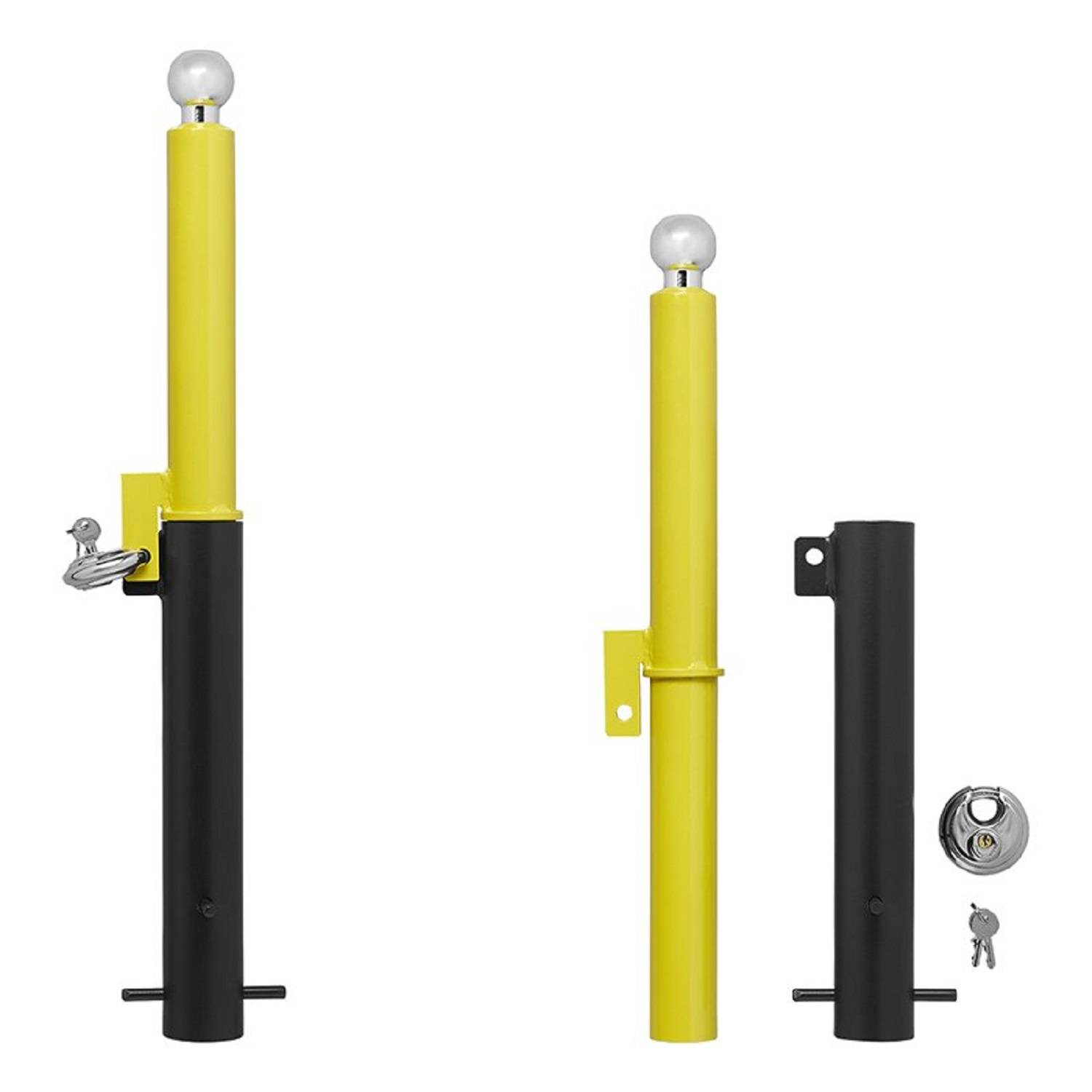 Ein abnehmbares Poller-System in Gelb und Schwarz, ausgestattet mit einem Schloss- und Schlüsselmechanismus zum Sichern und Entriegeln des Pollers.