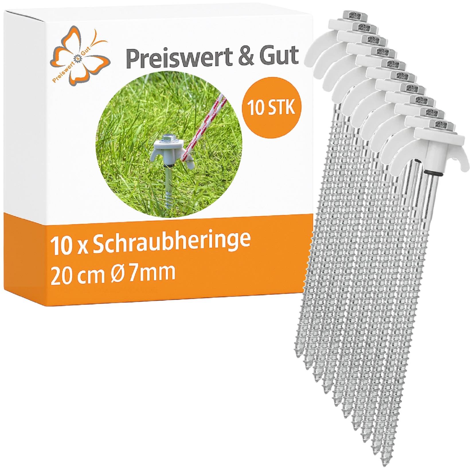 Preiswert & Gut' Box mit 10 Metall-Erdheringe, 20 cm, Ø7mm, für sicheres Zeltbefestigen, mit Schmetterlings-Logo.
