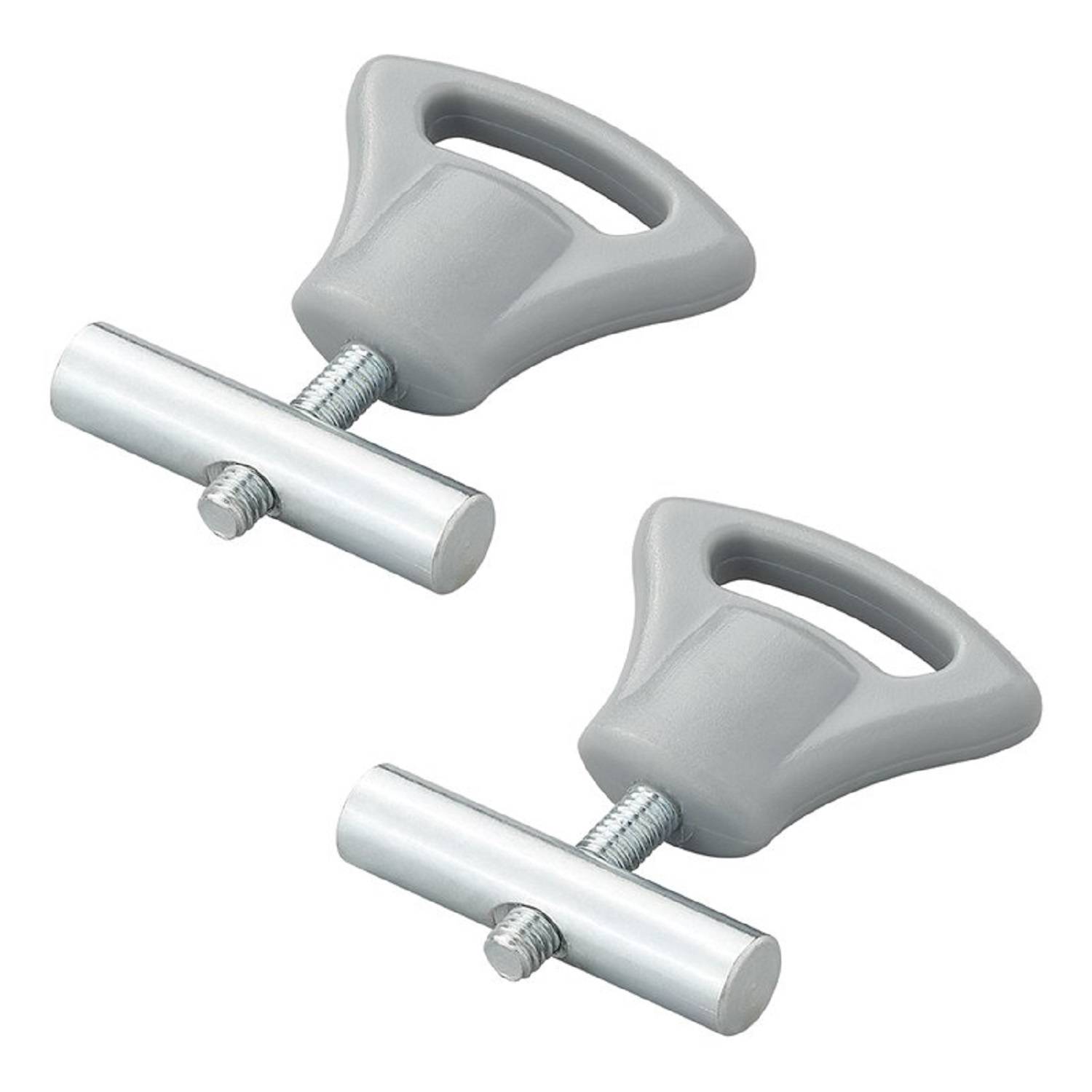 Zwei graue Handgriffe mit metallenen T-förmigen Befestigungshandgriffen, parallel liegend. Verwendet zum sicheren Greifen, häufig in Schränken oder Schubladen.