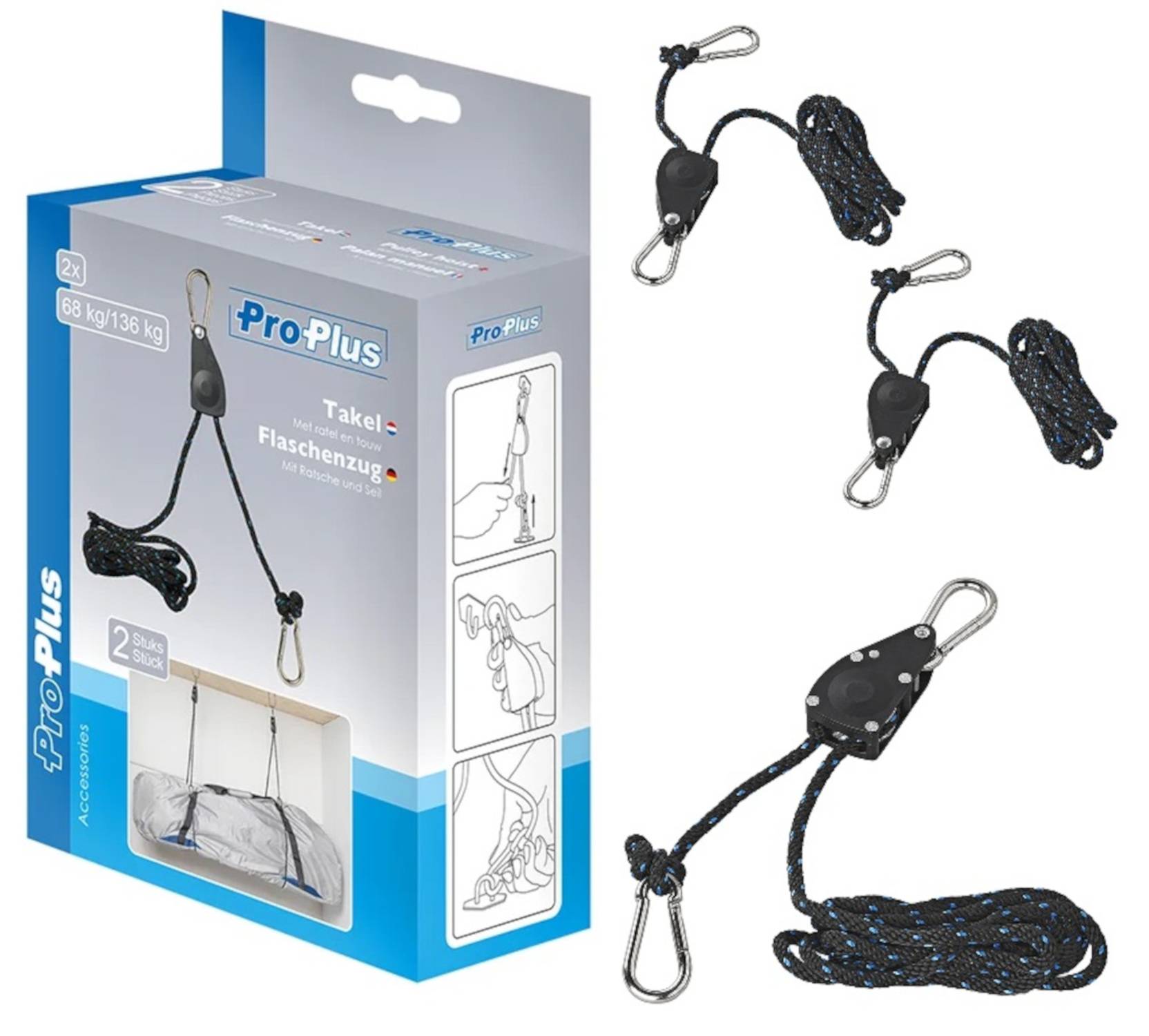 2x Seilzug 2,5 m Ø6 mm mit Ratsche – Flaschenzug Umlenkrolle 136 kg Belastung