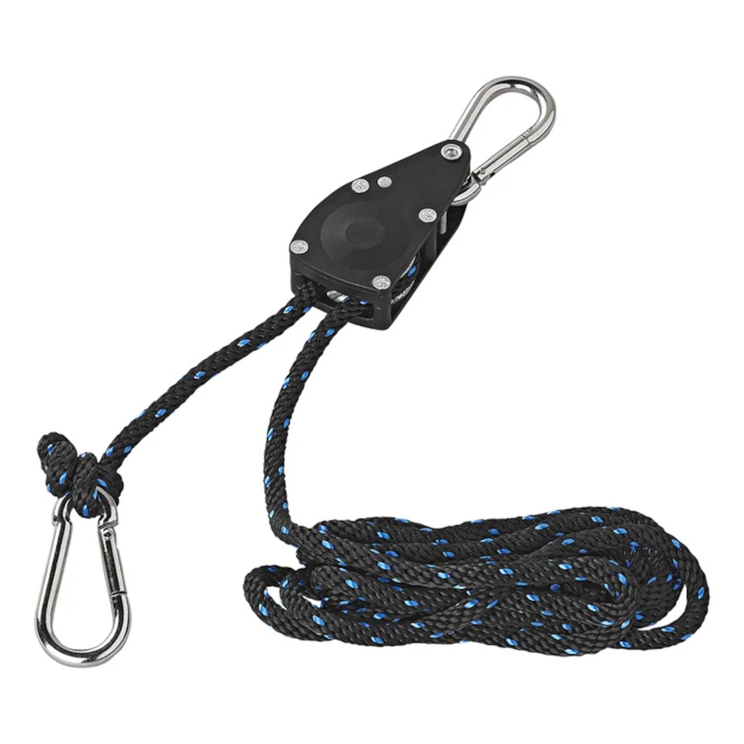 Ein schwarzes Flaschenzugsystem mit einem blau melierten Seil und Metallkarabinerhaken an beiden Enden, verwendet zum Heben oder Sichern von Gegenständen.