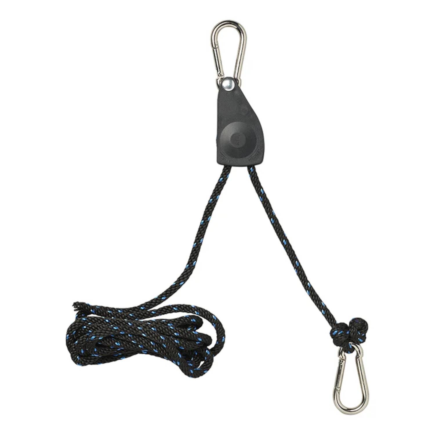 Eine schwarze Seilzugrolle mit Karabinerhaken an beiden Enden und einem langen, aufgerollten Seil, die zum Heben oder Sichern von Gegenständen verwendet wird.