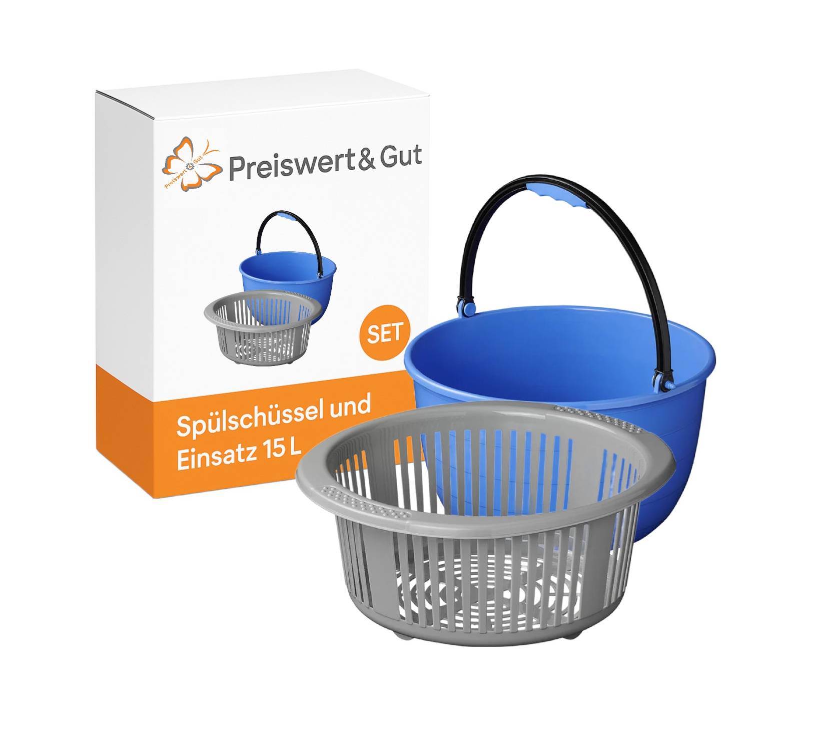 Eine blaue Spülschüssel mit einem schwarzen Griff und einem grauen Abtropfsieb werden neben ihrer Verpackungsbox mit der Aufschrift 'Preiswert & Gut SET' gezeigt.