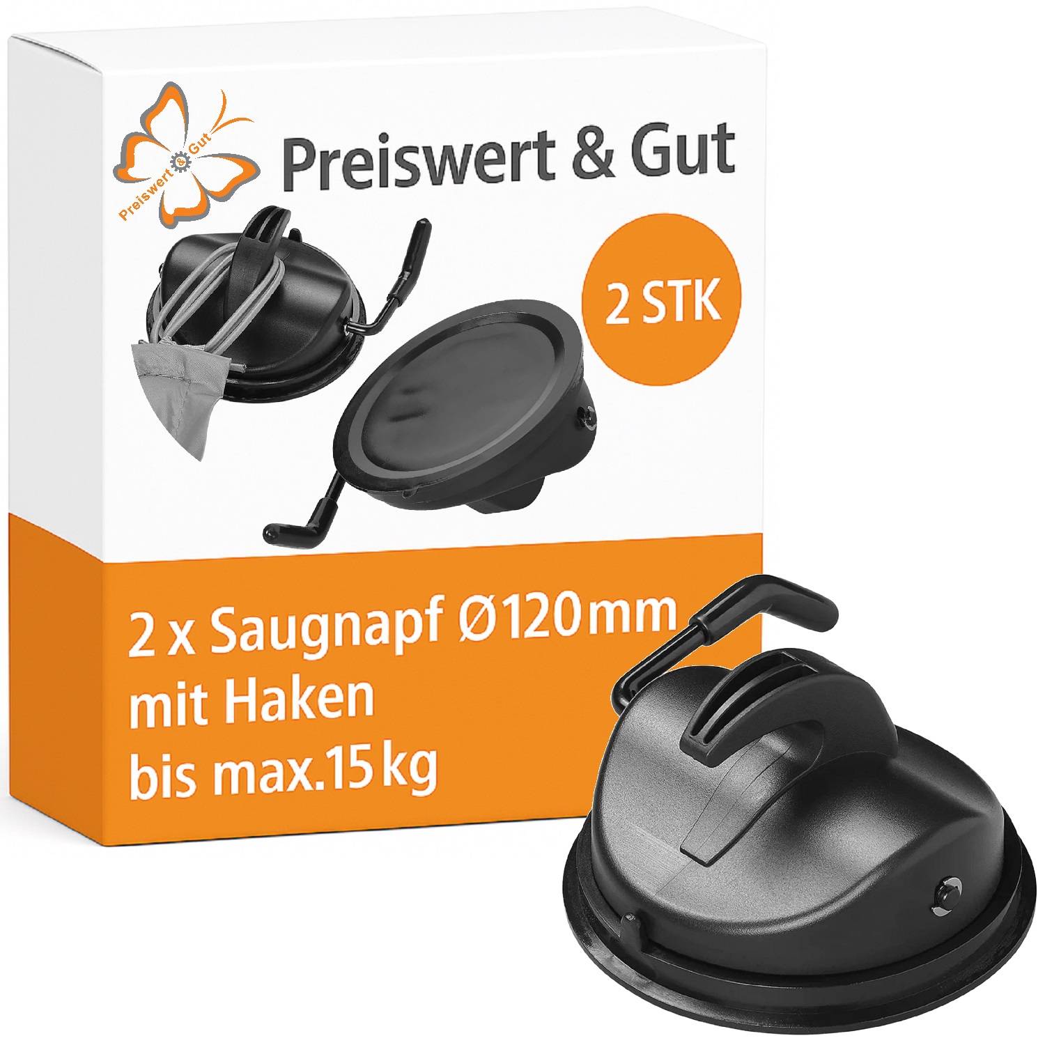 Saugnäpfe mit Haken, 120 mm Durchmesser, tragfähig bis zu 15 kg. Enthält 2 Stück. Markenlogo oben links, schwarzes und orangefarbenes Design.