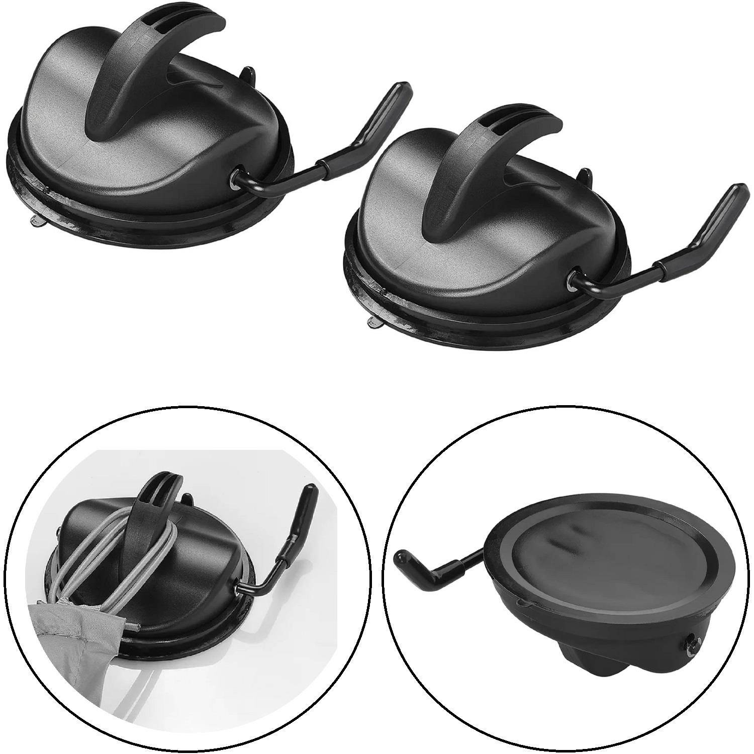 Zwei schwarze, wandmontierte Haken mit gebogenen Griffen, die einen grauen Beutel halten. Zusätzliche Bilder zeigen einen einzelnen Haken aus verschiedenen Perspektiven.