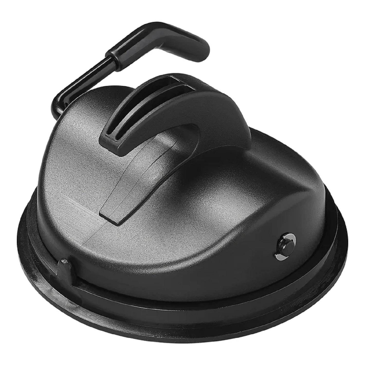 Ein schwarzes Plastikhandwerkzeug mit einem Haken oben und einem Saugnapf an der Basis, das oft zum Heben oder Sichern von Gegenständen verwendet wird.
