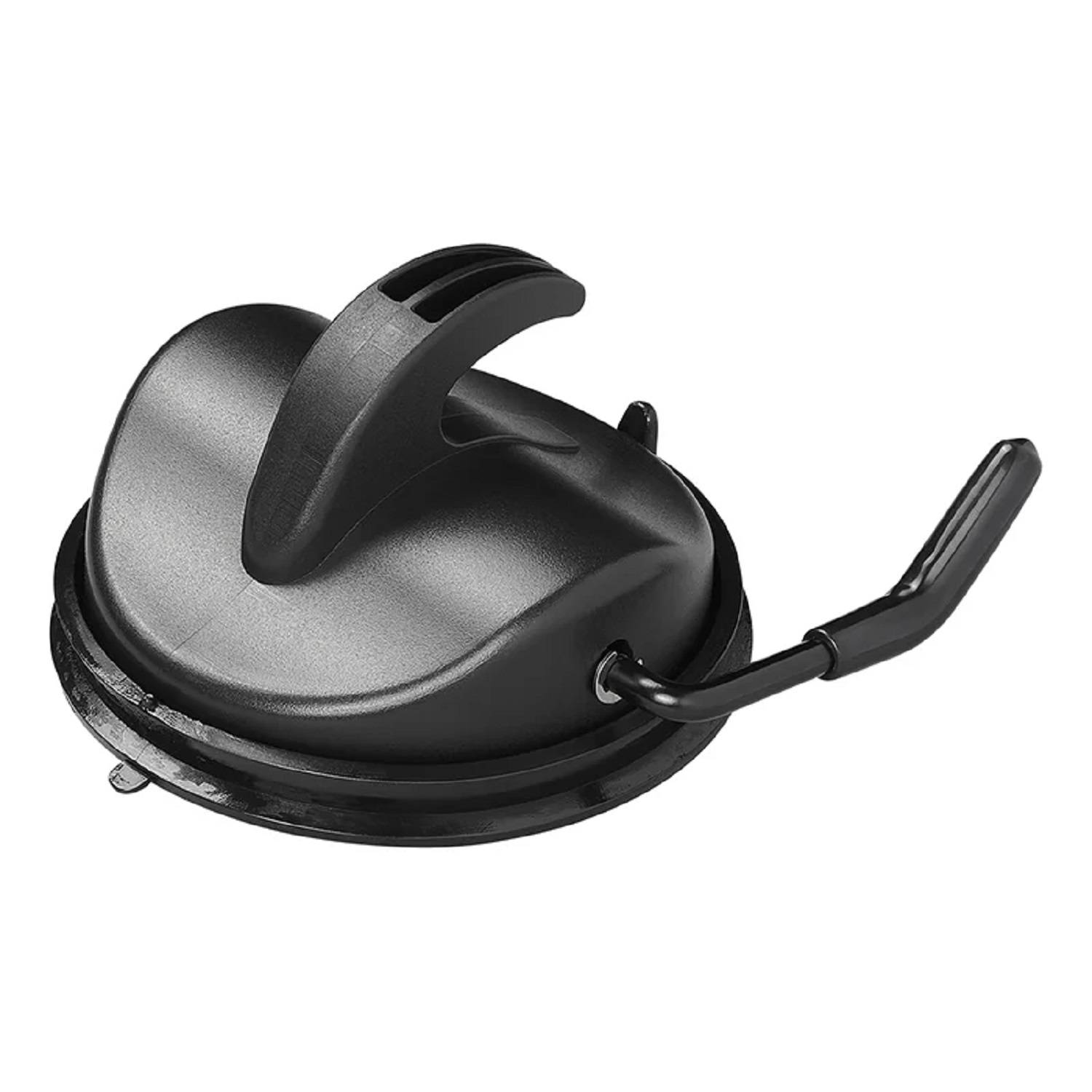 Eine schwarze Saughaftplatte mit Griff und angehängtem Haken, die zum Befestigen oder Halten von Gegenständen auf glatten Oberflächen verwendet wird.