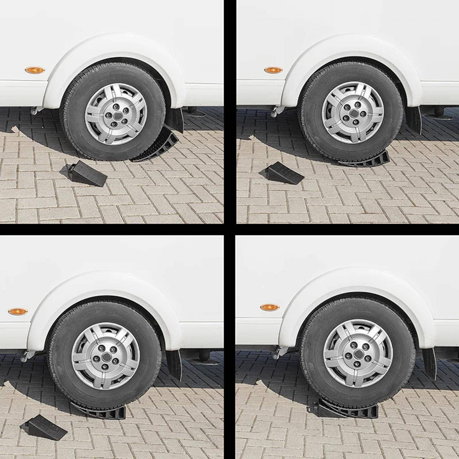 Bild eines Autoreifen, bei dem sich die Schatten mit wechselndem Sonnenwinkel verändern, dargestellt in einem Raster aus vier Fotos, die verschiedene Schattenstellungen zeigen.