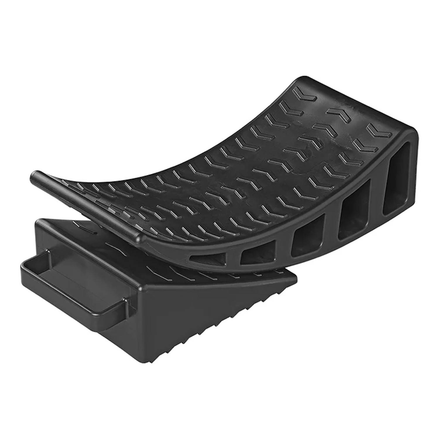 Schwarzer Kunststoff-Radkeil mit strukturierter Oberfläche zur Verhinderung des Zurückrollens von Fahrzeugen, geeignet zum Sichern von parkenden Fahrzeugen an Steigungen.