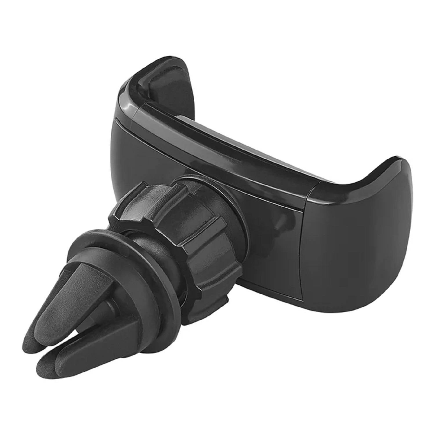 Ein schwarzer Smartphone-Lüftungsgitterhalter für die Nutzung im Auto, mit verstellbaren Halterarmen und einer drehbaren Basis für eine sichere Telefonplatzierung.