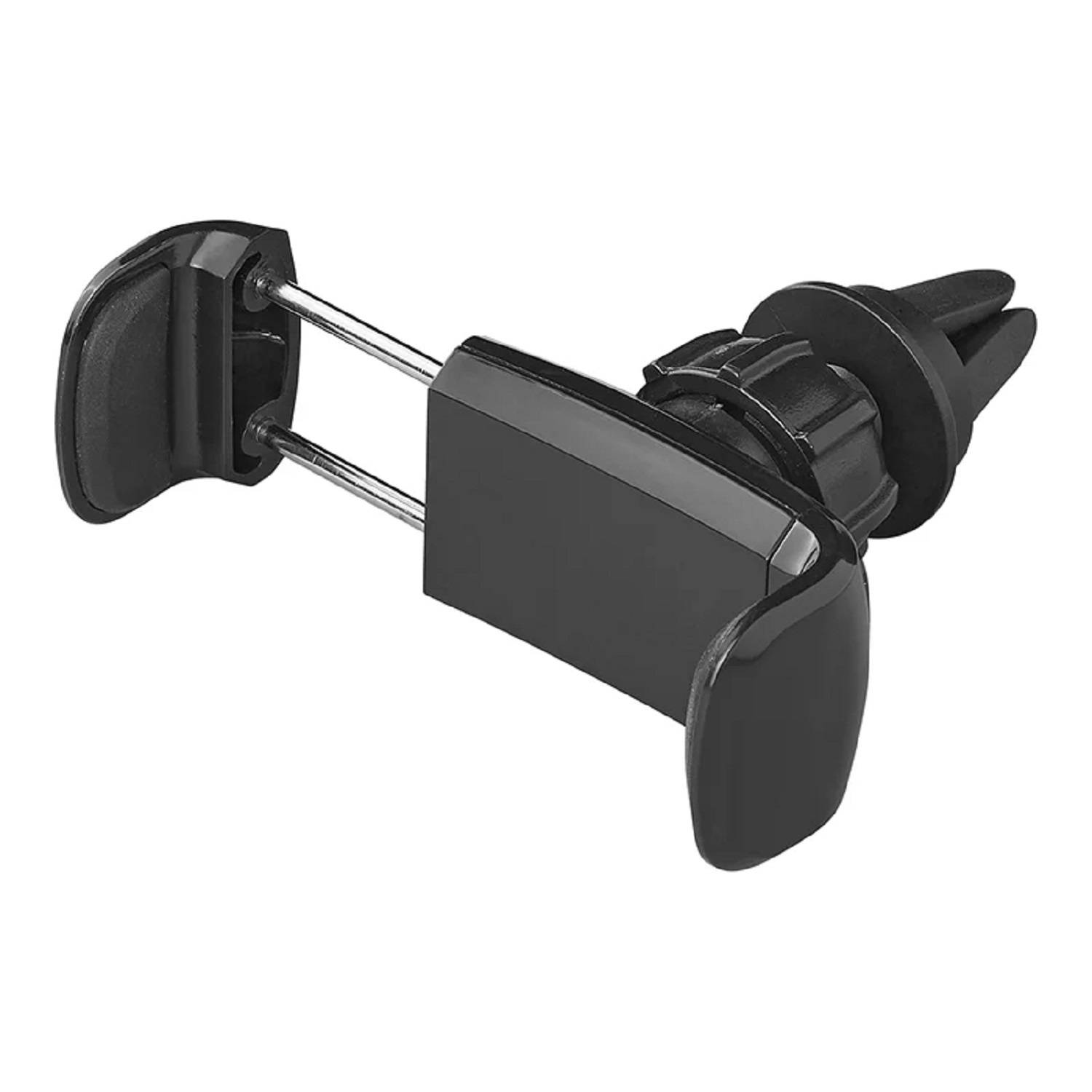 Ein schwarzer Telefonhalter für Autolüftungsschlitze, der sein Klemmdesign und verstellbare Halterungen zur Befestigung eines Smartphones zeigt.