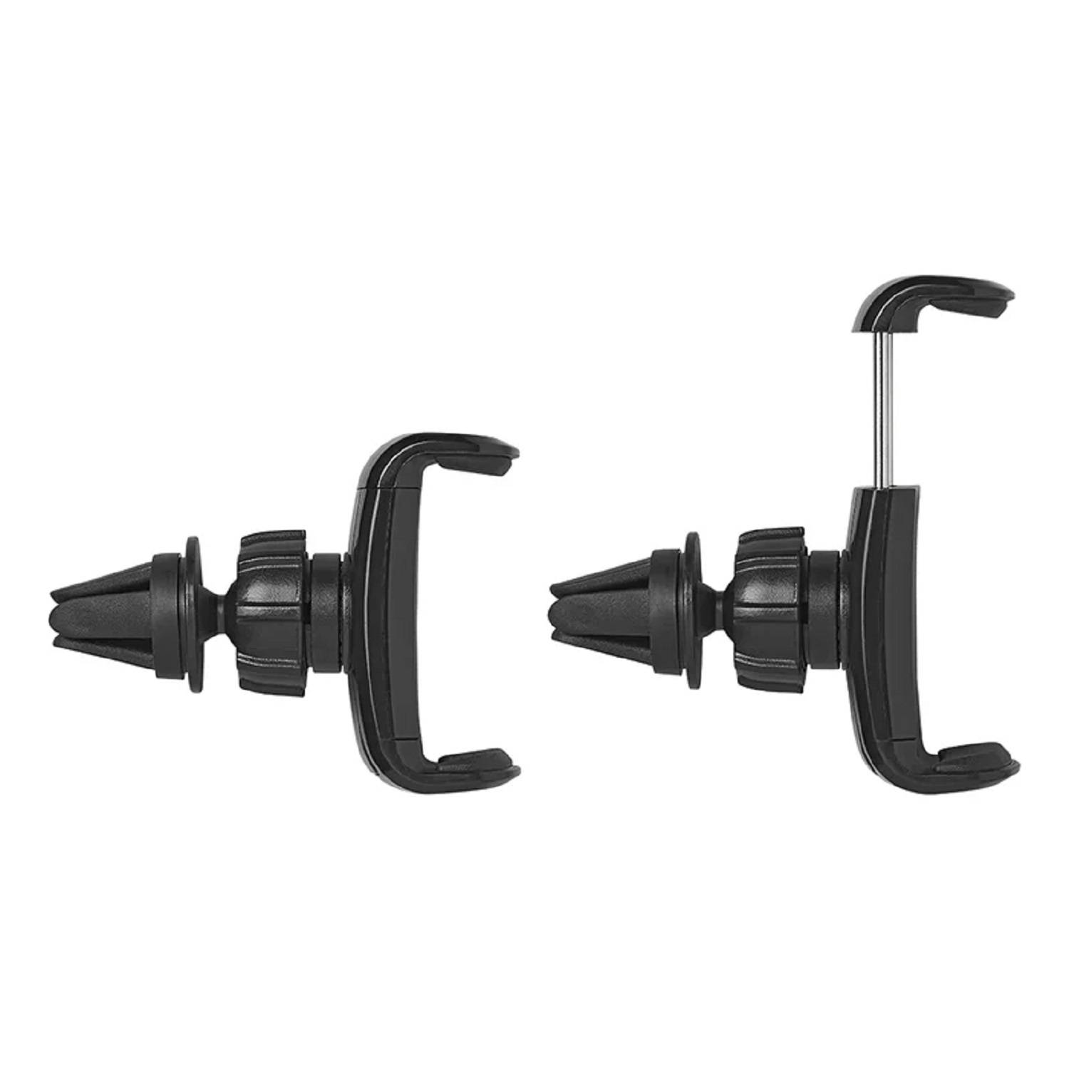 Zwei verstellbare schwarze Auto-Kopfstützen-Haken, nebeneinander angeordnet. Jeder verfügt über eine Klemme zum Befestigen an den Kopfstützenstreben, zum Halten verschiedener Gegenstände.