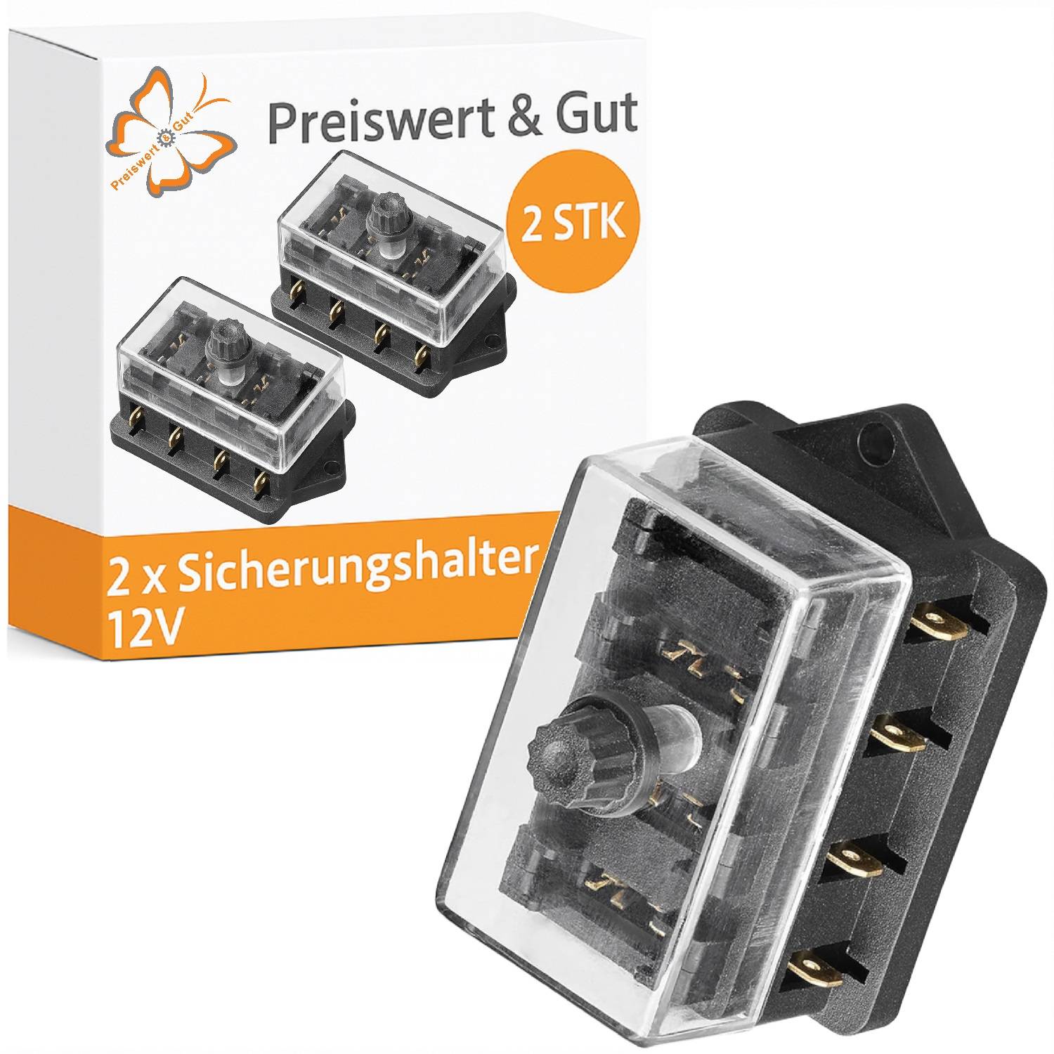 2 x Sicherungshalter 12V' Sicherungshalter mit Schutzabdeckungen, Teil der 'Preiswert & Gut' Serie, in Verpackung und einzeln dargestellt.