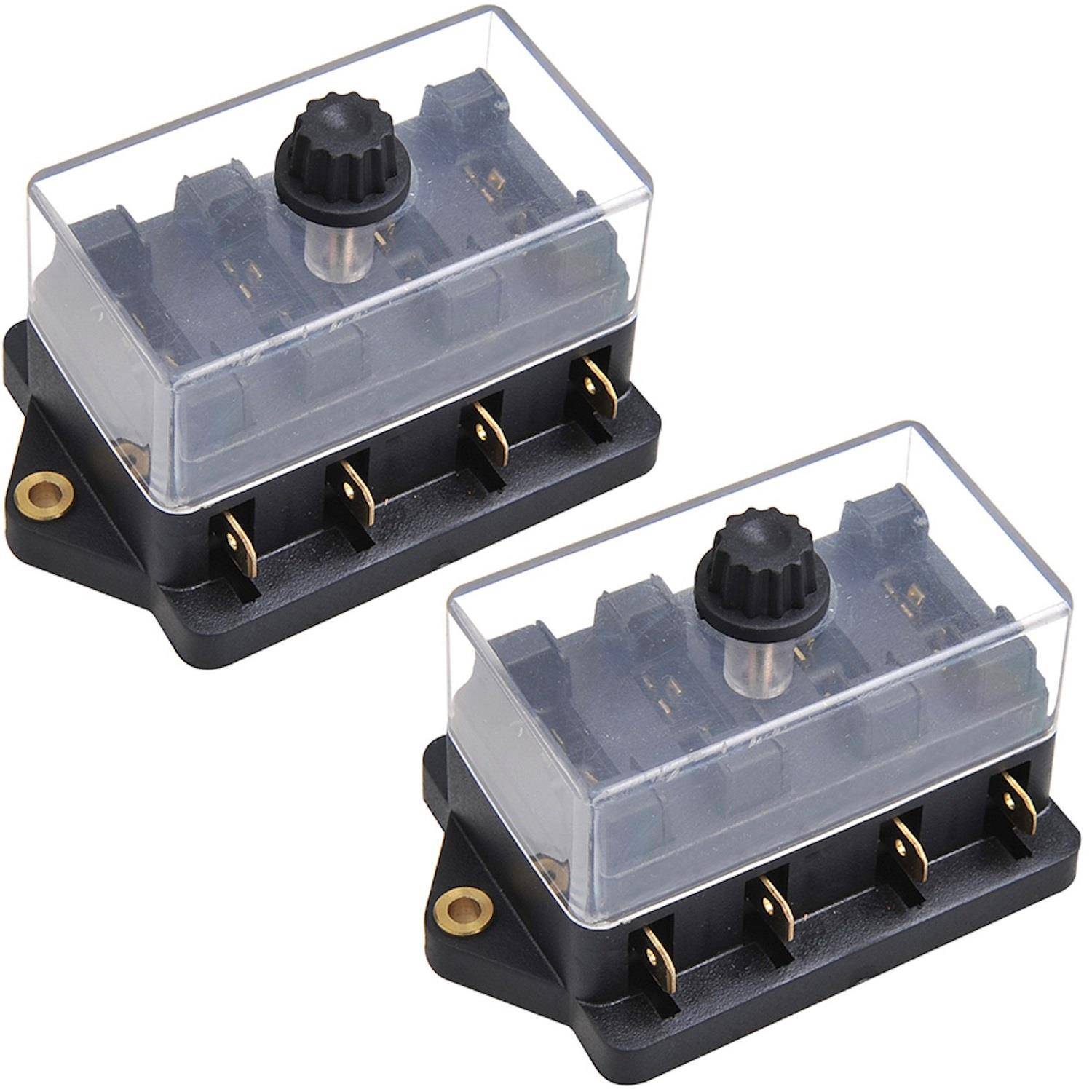 Zwei elektrische Sicherungshalter mit Plastikabdeckungen und Befestigungsbügeln.