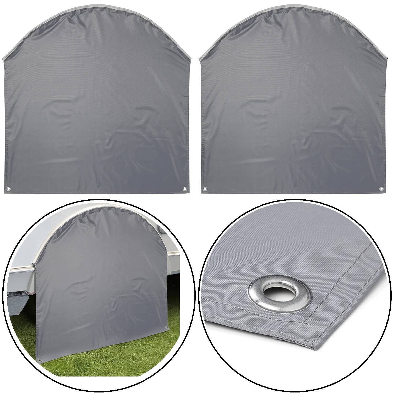 Grauer Fahrzeugüberzug mit halbkreisförmiger Gestalt, ausgestattet mit Ösen zur sicheren Befestigung. Bild zeigt Überzug auf Fahrzeug und eine Detailaufnahme des Gewebes.