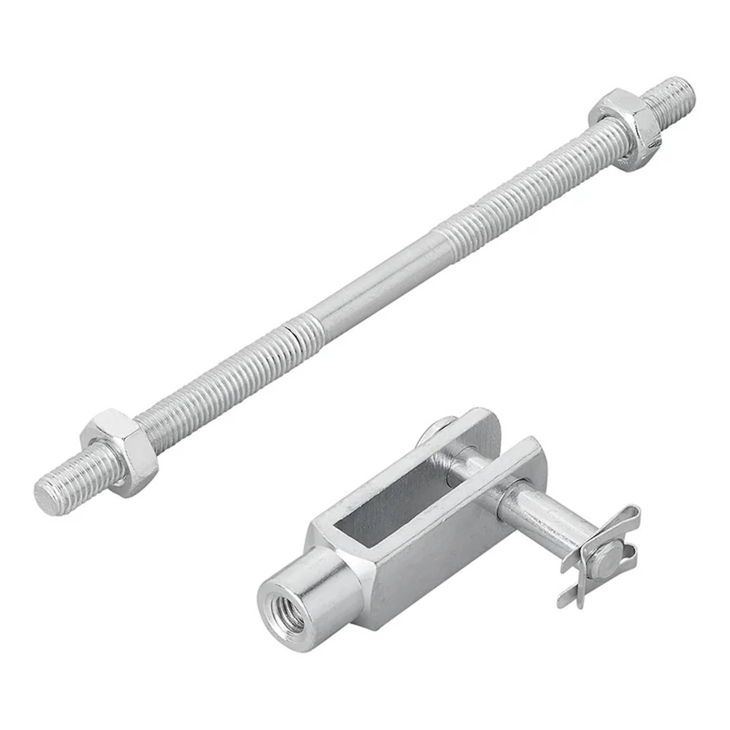 Ein Spannschloß mit Gabelkopfbefestigung, aus Metall gefertigt, zum Spannen und Sichern von Kabeln oder Stangen in Bau- und Industrieanwendungen.