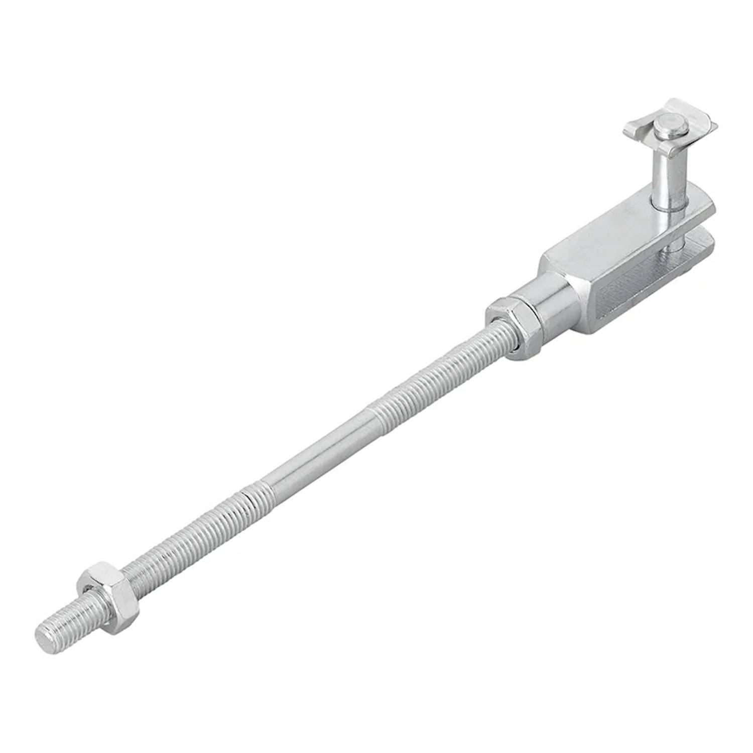 Ein langer Metallspanner mit einer Gewindestange und einer verstellbaren Endanschluss, der zur Spannnung von Kabeln oder Stangen in der Baubranche verwendet wird.