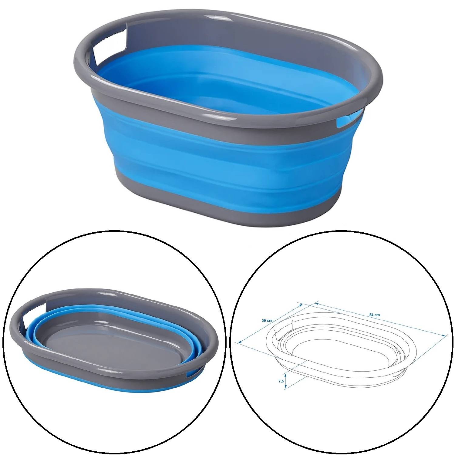 Zusammenklappbares blaues und graues Waschbecken. Zeigt aufgeklappte und zusammengelegte Ansichten, mit Maßangaben für Breite und Höhe.