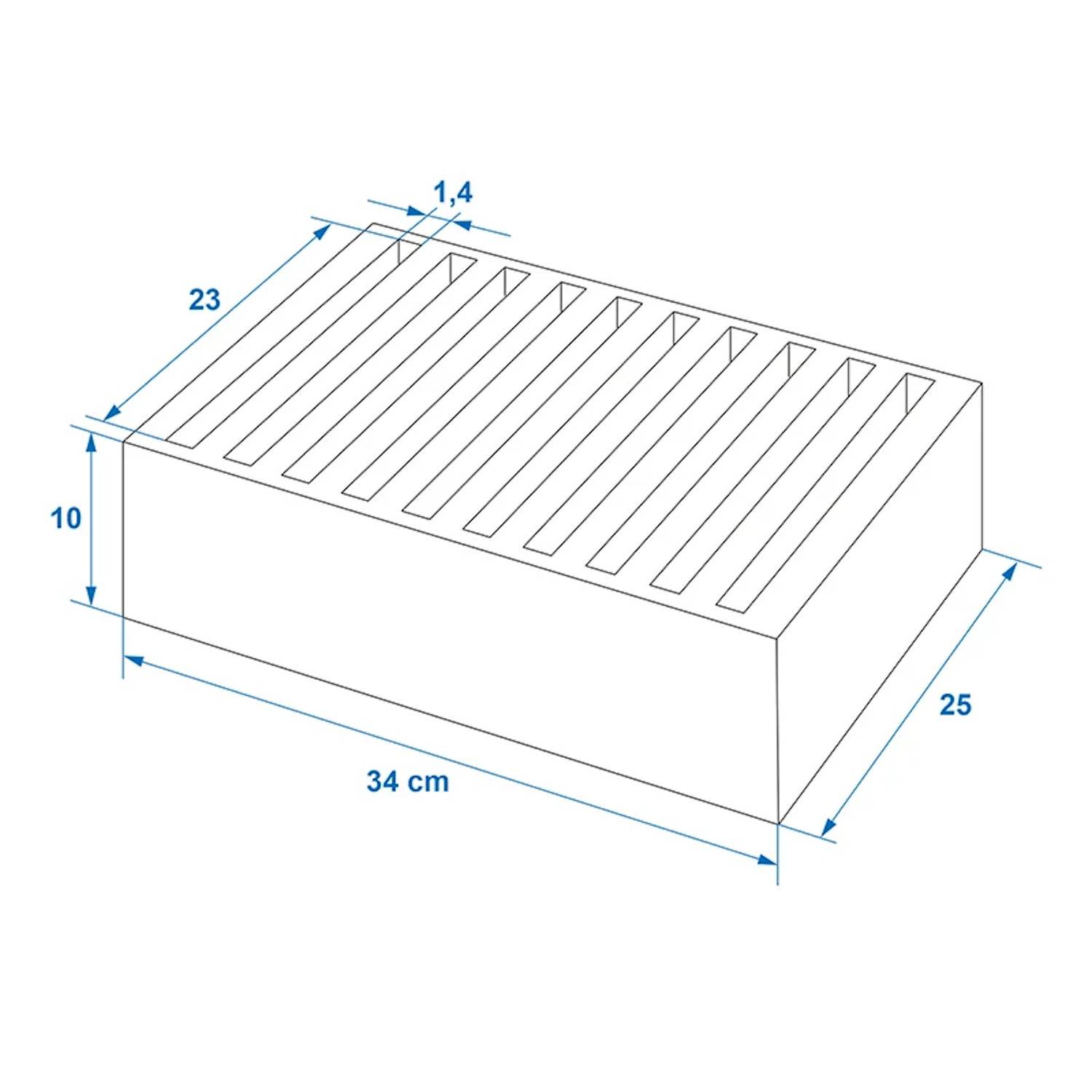 Ein rechteckiger Block mit einem Gitterdeckel, beschriftet mit den Abmessungen: Länge 34 cm, Breite 25 cm, Höhe 10 cm; Gitterschlitze messen 23 cm x 1,4 cm.