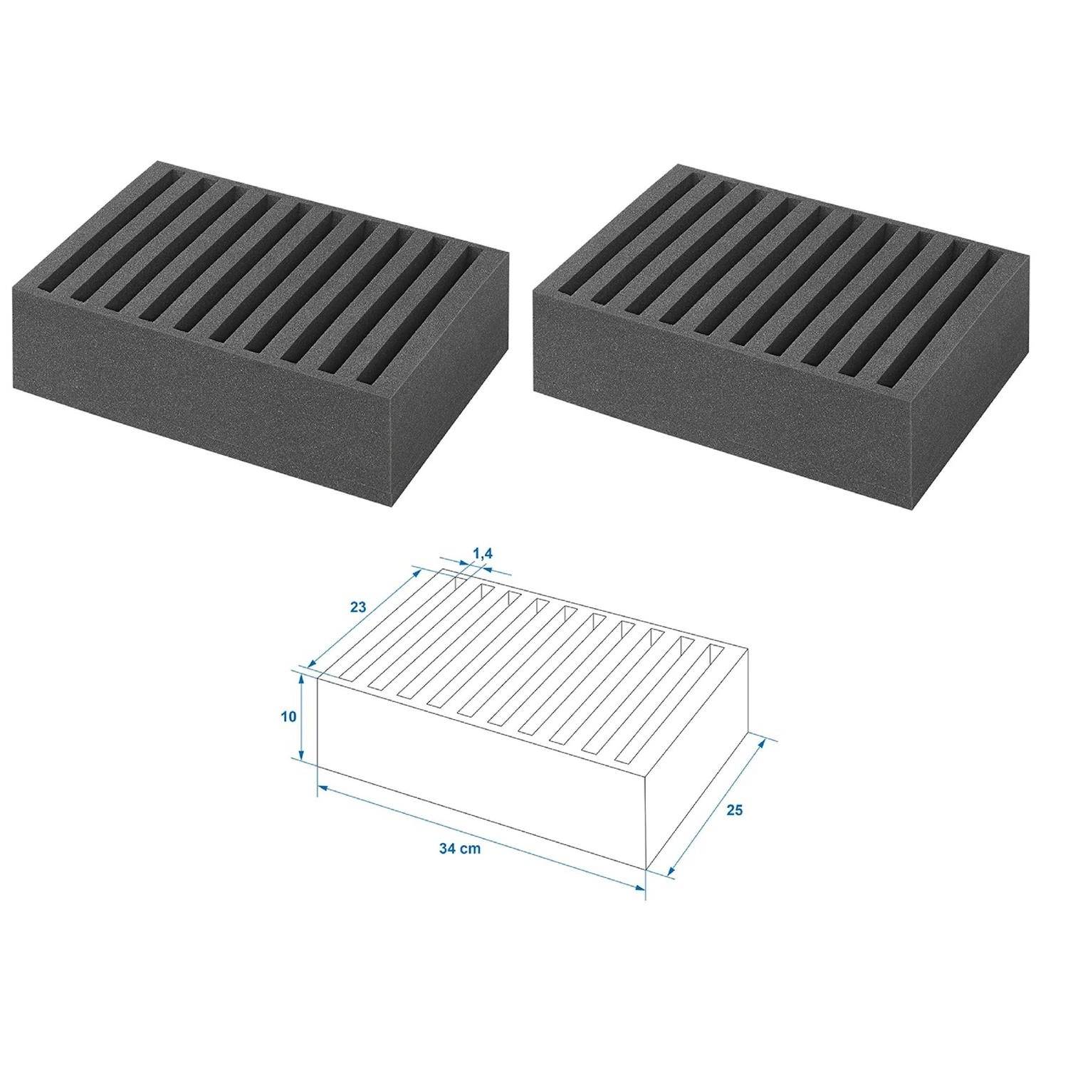 Zwei schwarze Schaumstoffblöcke mit horizontalen Rillen. Diagram zeigt Dimensionen: 34 cm Länge, 25 cm Breite, 10 cm Höhe, 14 Rillen.