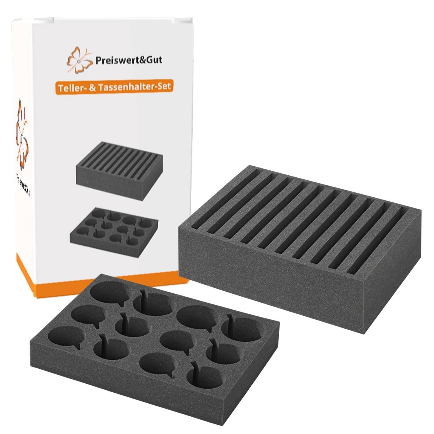 Preiswert&Gut Teller & Tassenhalter-Set' mit Schaumstoffeinsätzen zur Organisation von Tellern und Tassen.