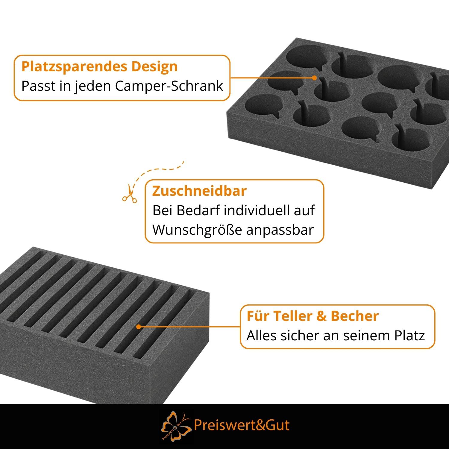 Das Bild zeigt zwei Schaumstoff-Organizer für Teller, Becher und Gläser, die mit Vorteilen auf Deutsch beschriftet sind und Platzeffizienz betonen.