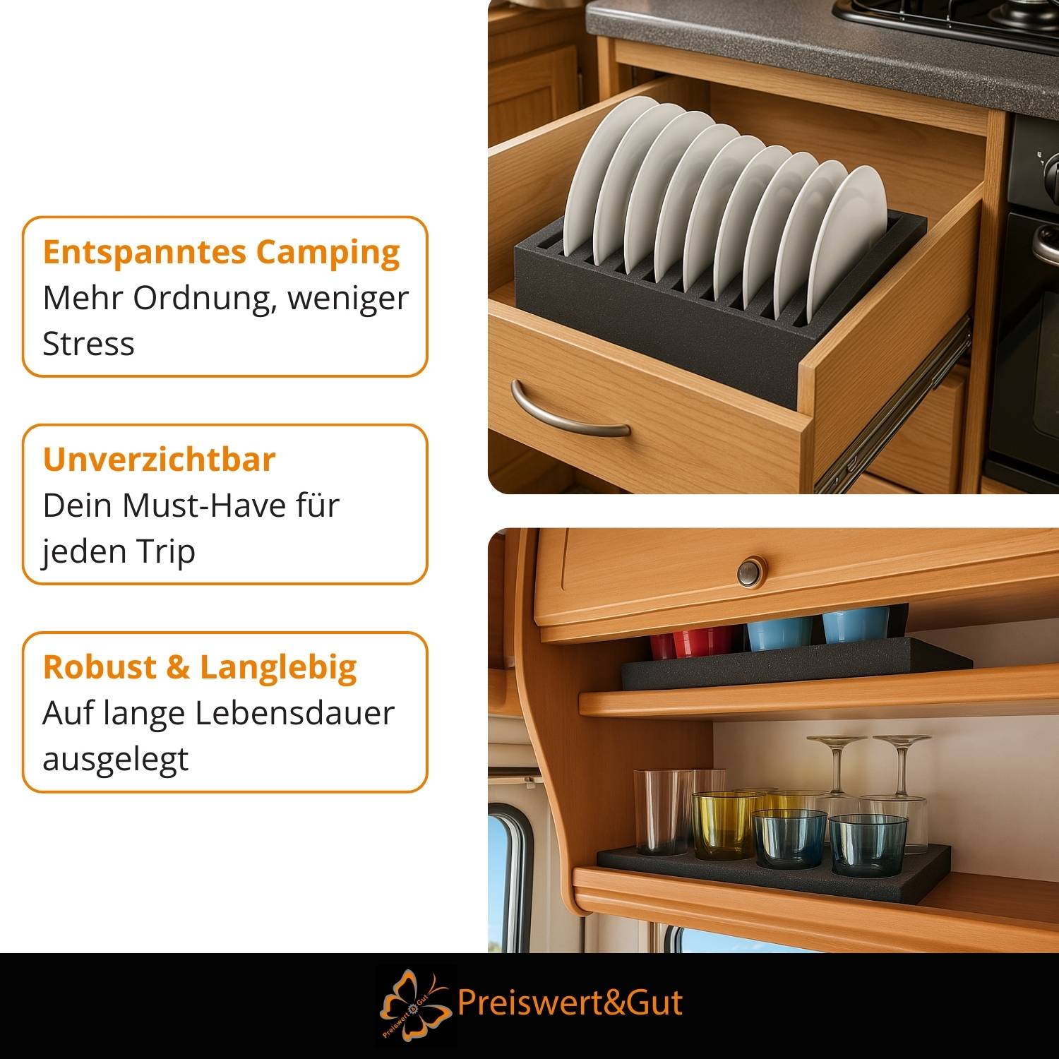 Stauraummöglichkeiten in einer Wohnmobilküche mit einem Racks für Teller und Schüsseln. Der Text betont organisiertes, stressfreies Campen und langlebiges Wohnen.