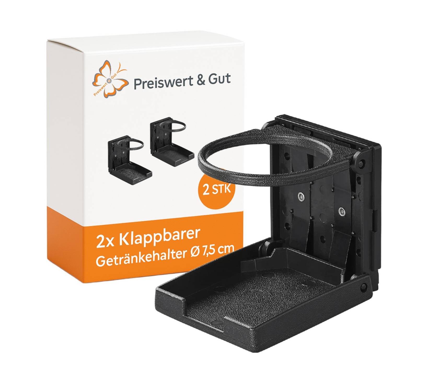 Klappbarer schwarzer Getränkehalter, neben einer Verpackungsbox mit der Beschriftung 