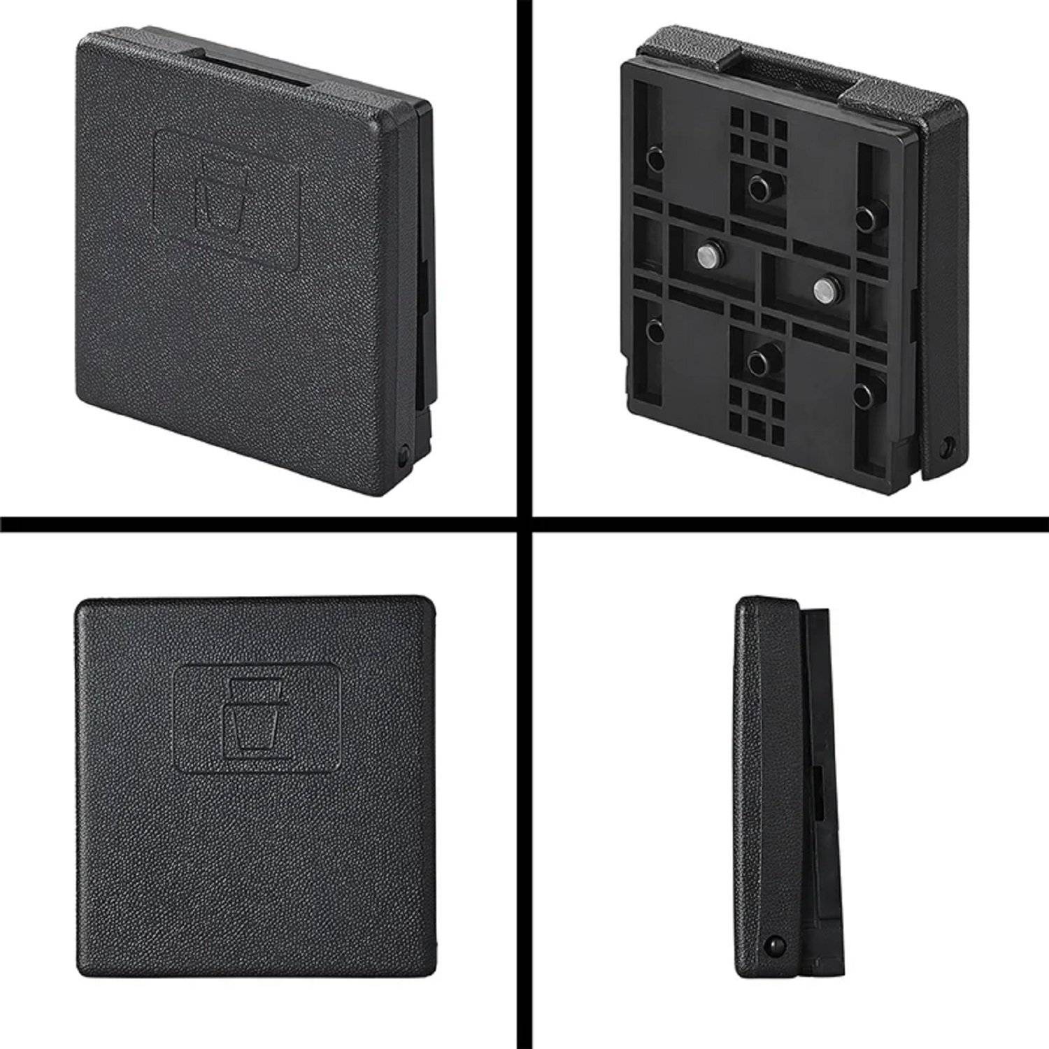 Schwarze Kunststoff-Quadratische Abdeckung mit strukturierter Oberfläche und Innenbefestigungsschlitzen, dargestellt aus vier verschiedenen Blickwinkeln: vorne, hinten und den Seiten.