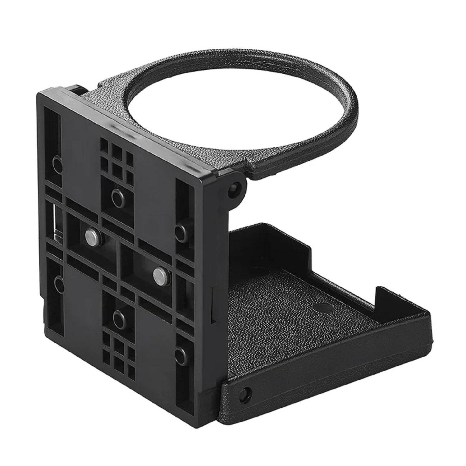 Schwarzer, faltbarer Becherhalter aus Kunststoff mit Befestigungshalterung, konzipiert für Fahrzeuginnenräume. Der Halter kann Becher oder Flaschen aufrecht stehend sichern.