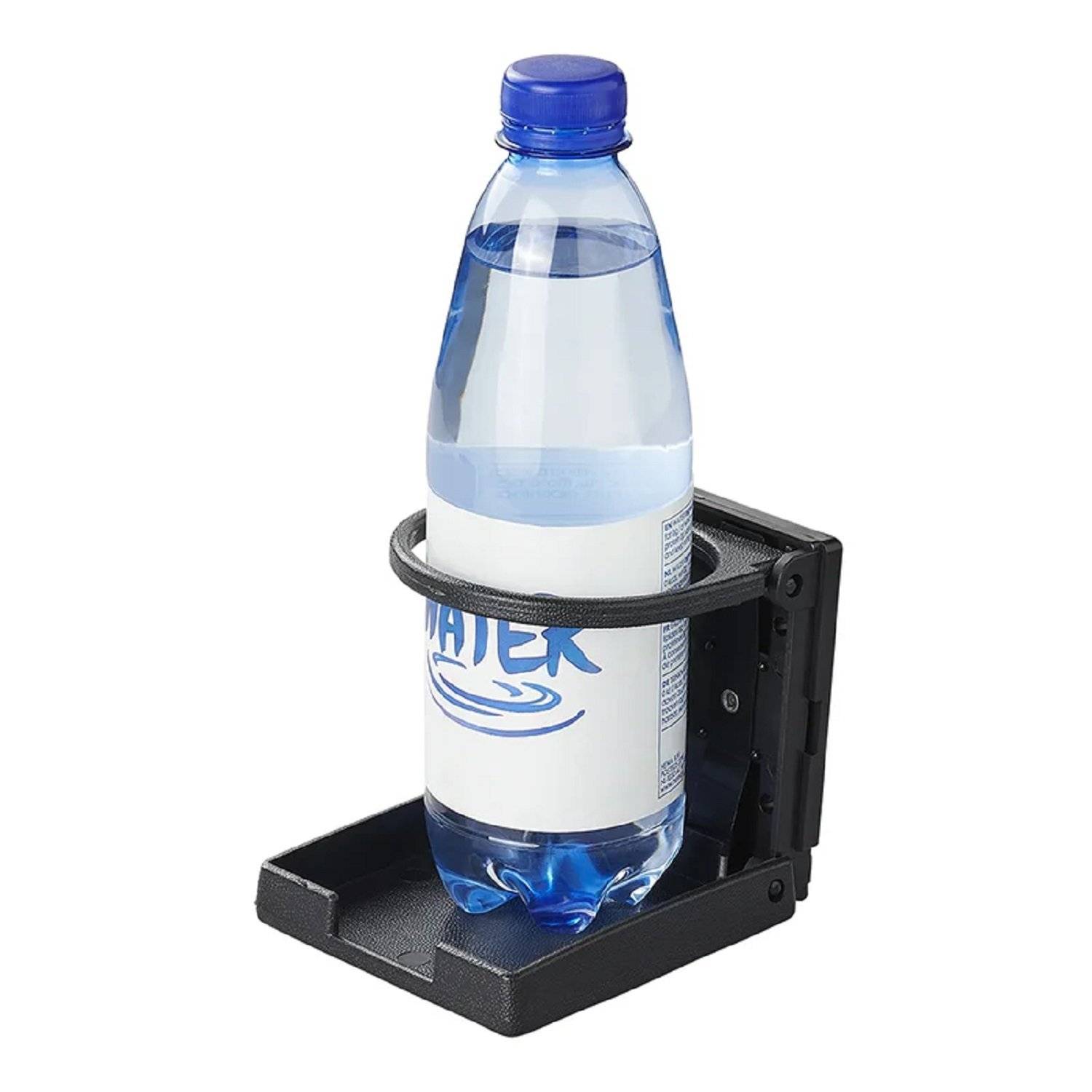 Eine blaue Wasserflasche in einem schwarzen, faltbaren Becherhalter.
