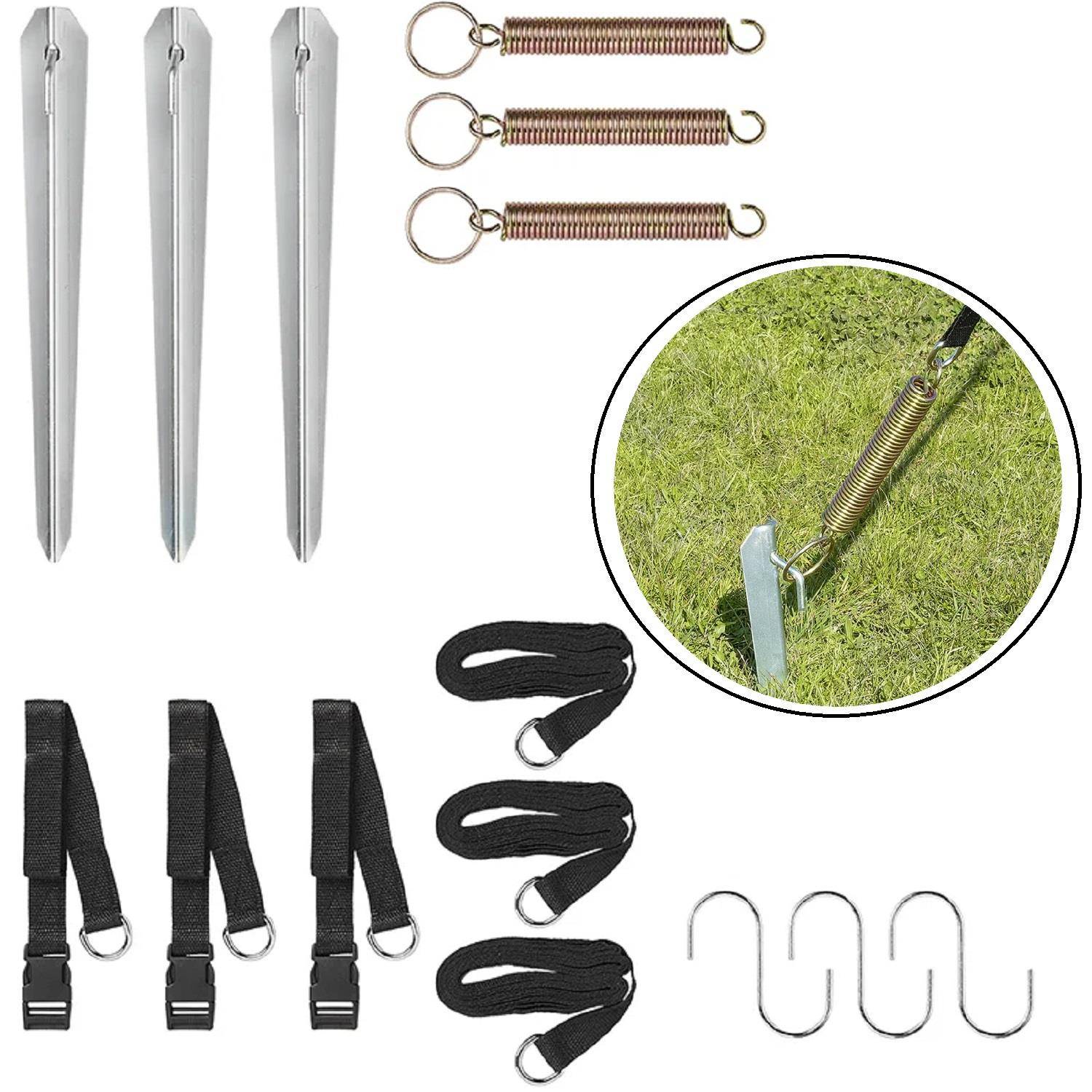 Befestigungsset für Planen, bestehend aus Heringe, Federn, Gurten und Haken, mit einer Diagram, die die Bodenbefestigung zum Sichern von Planen bei Wind veranschaulicht.