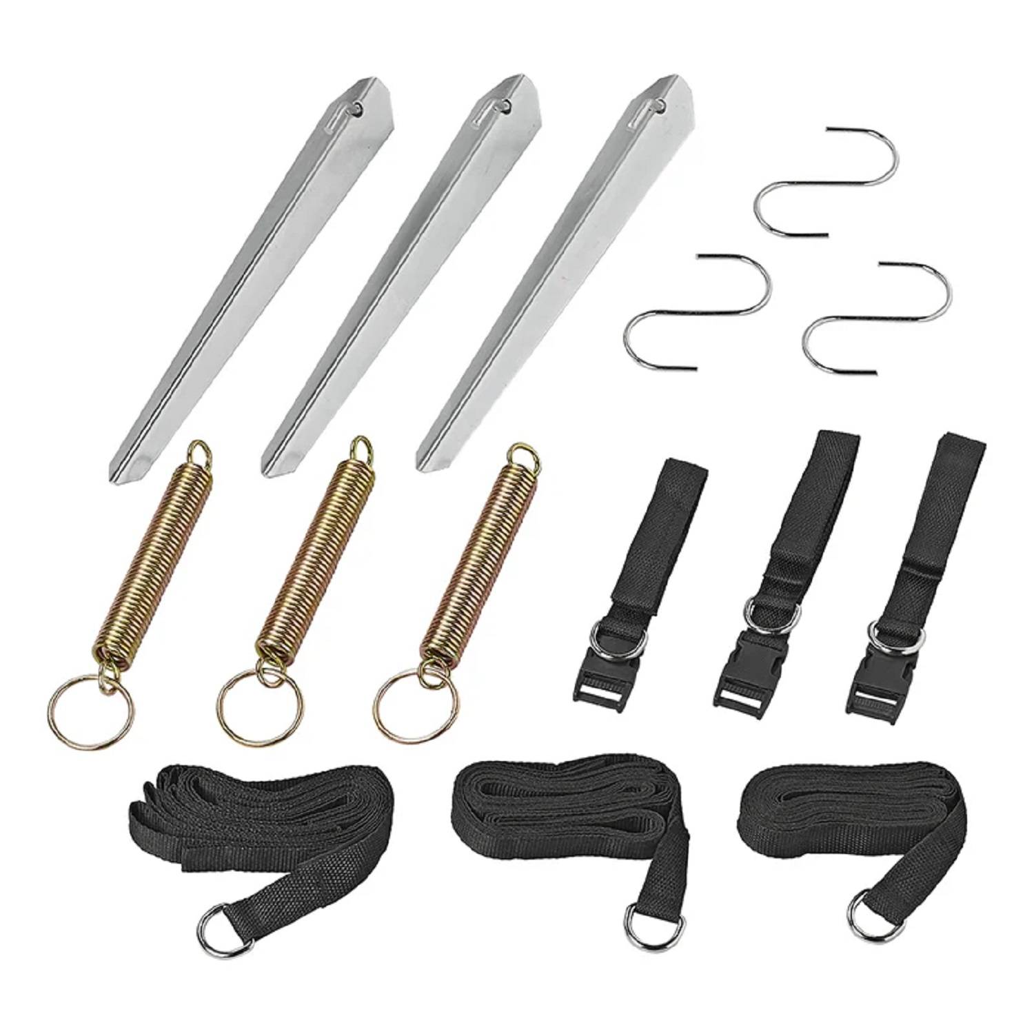 Zelt-Reparaturset mit Heringe, Federn, Haken, Riemen und Seilen, die zum Befestigen oder Reparieren von Zelten während Campingausflügen verwendet werden.