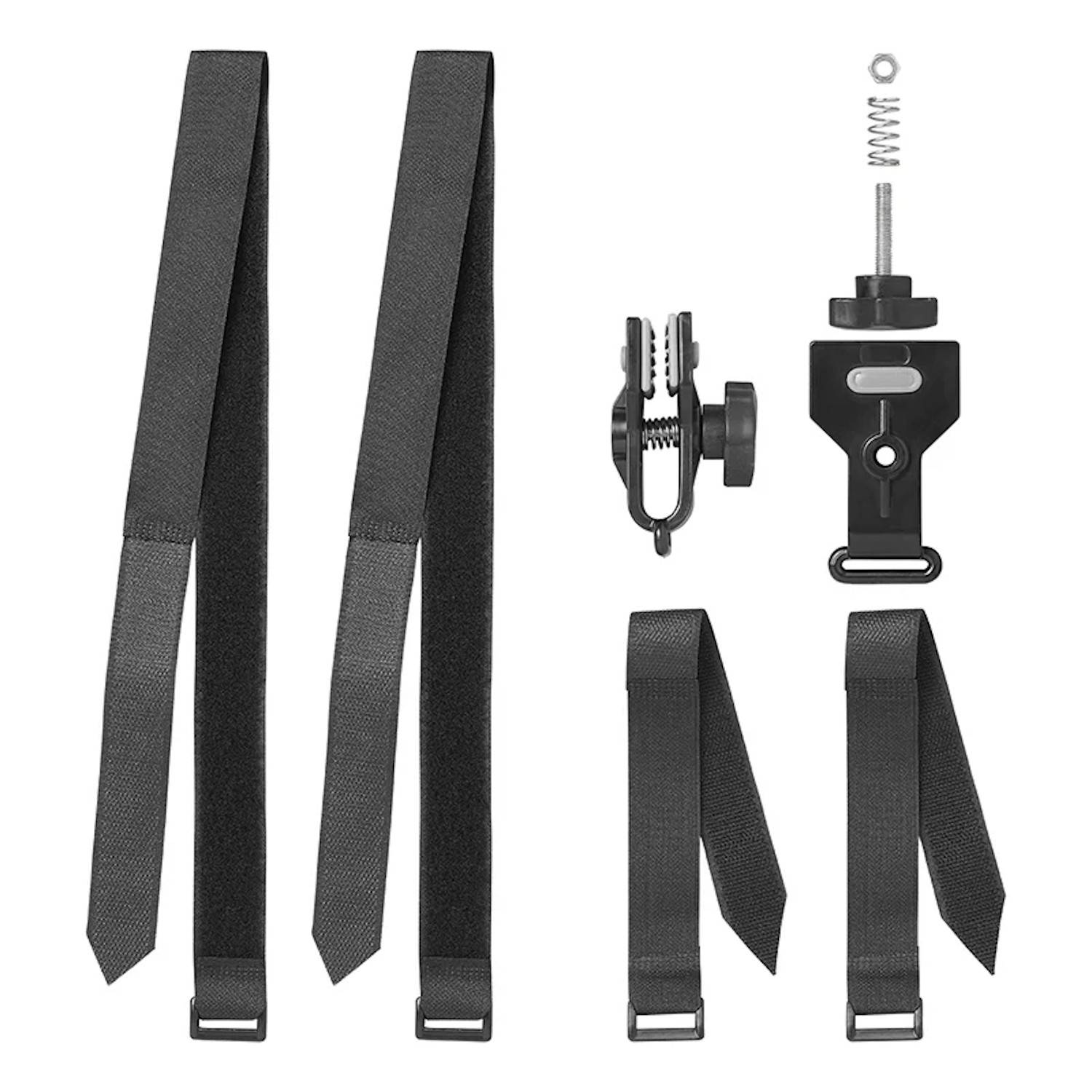 Bild eines schwarzen mobilen Mikrofonständer-Montage-Kits, enthält zwei verstellbare Riemen, eine Klemme, einen Montageadapter und Schrauben.