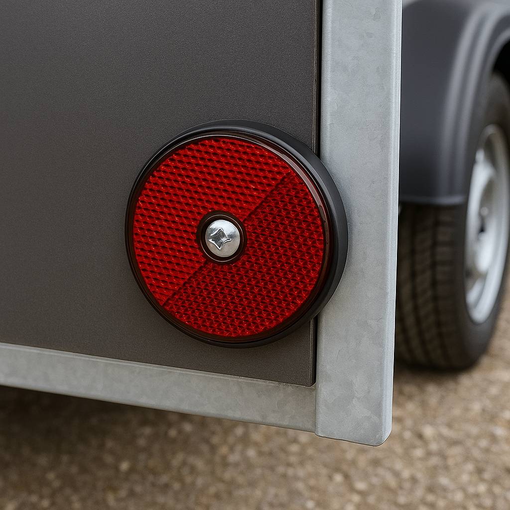 Eine Nahaufnahme eines roten kreisförmigen Reflektors an der Rückseite eines grauen Anhängers, der Fahrzeugsicherheitsmerkmale hervorhebt.