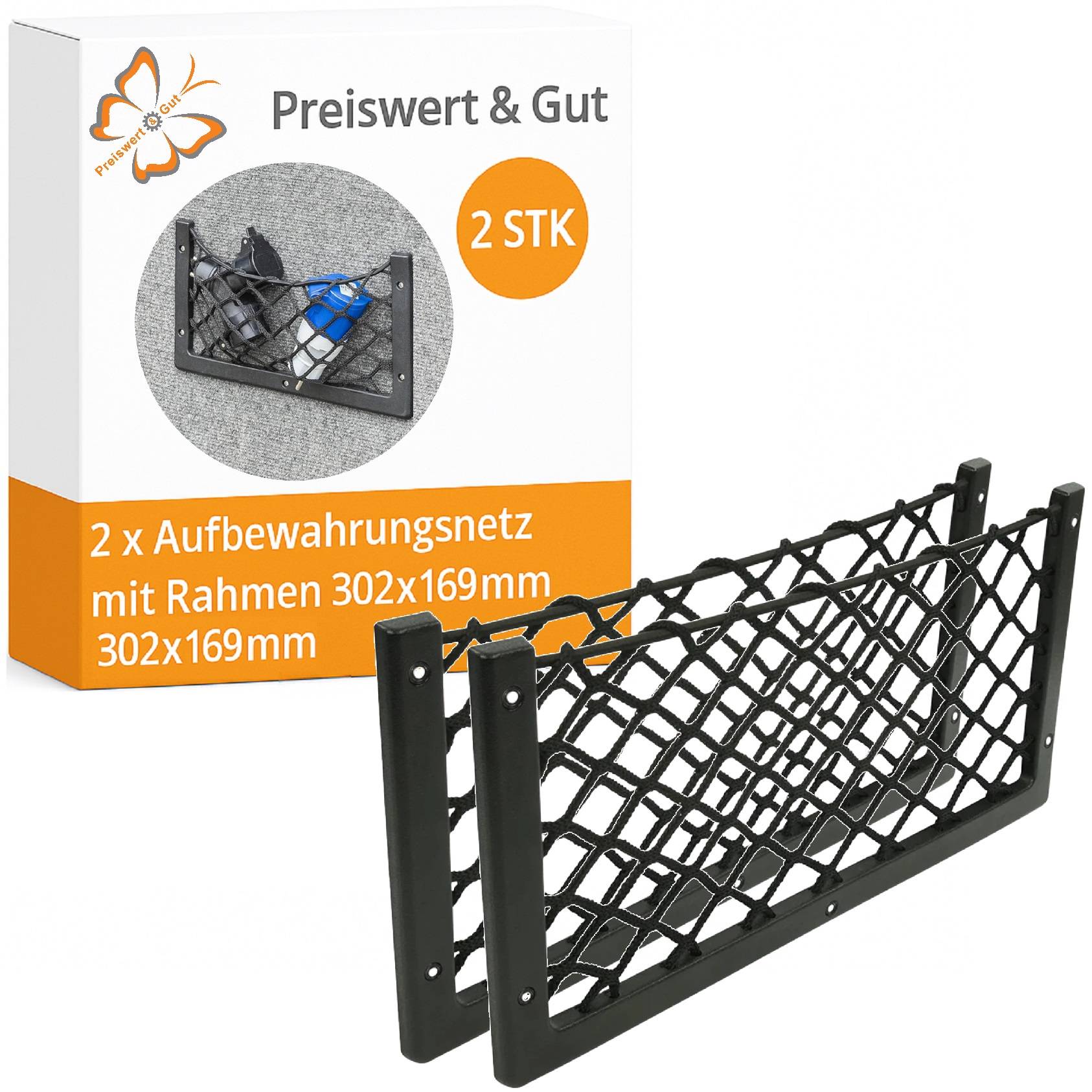 Paket mit zwei schwarzen Aufbewahrungsnetzen mit einem Rahmen von 302x169 mm, wobei ein Netz einen blauen Gegenstand hält. Etikett liest sich „Preiswert & Gut