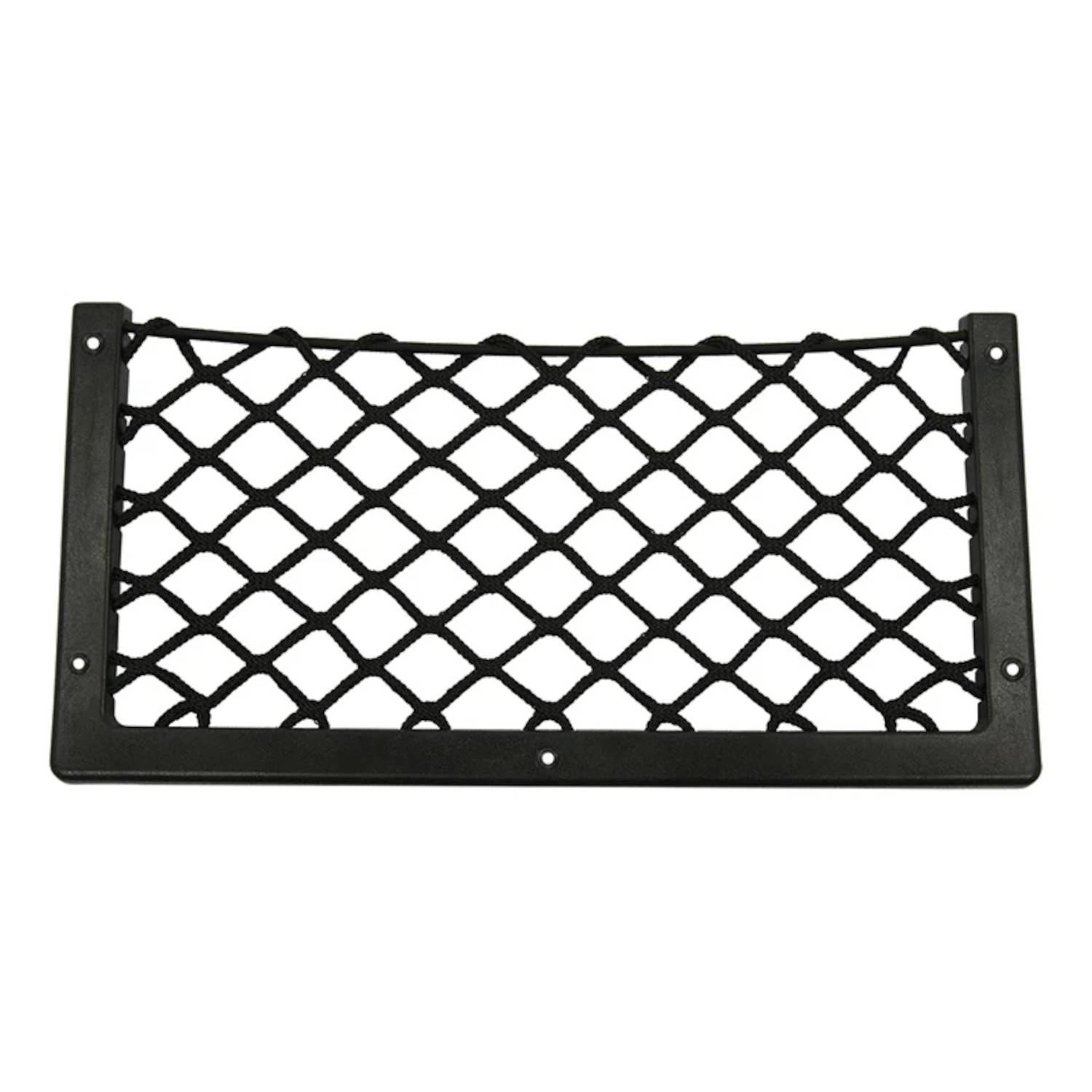 Ein schwarzes Ladungsnetz mit einem rechteckigen Rahmen, das zum Sichern von Gegenständen konzipiert ist und eine Gitterstruktur aus elastischen Spanngurten aufweist.