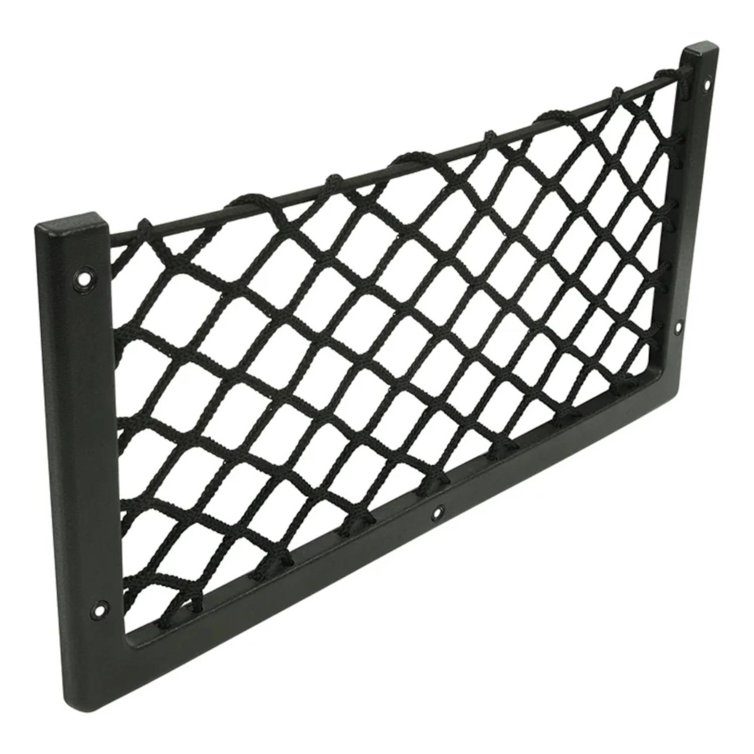 Ein schwarzes, rechteckiges Gepäcknetz mit Gittermuster, das üblicherweise zum Organisieren und Sichern von Gegenständen verwendet wird.