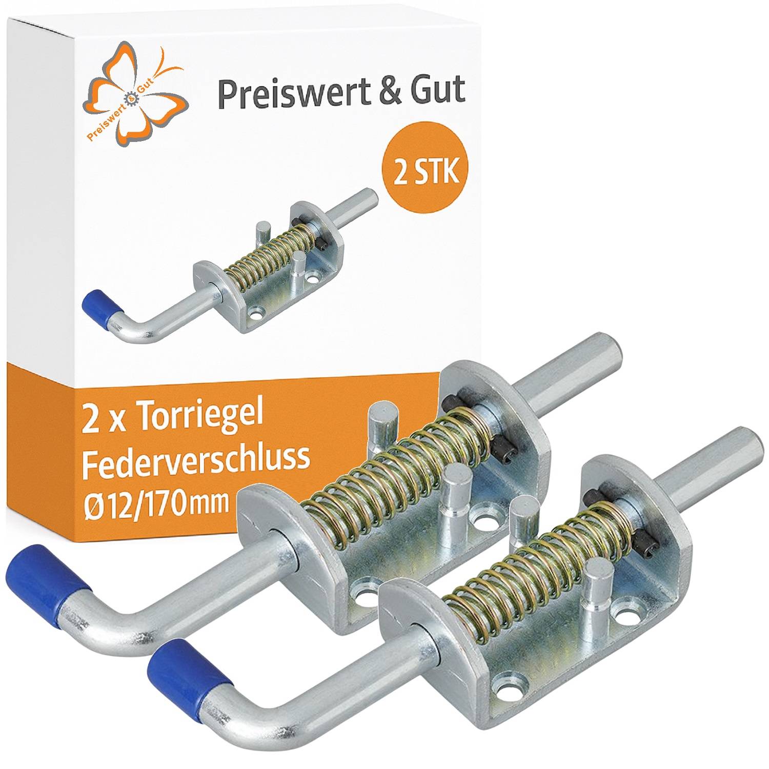 Zwei Federboltverriegelungen werden neben einer Box mit der Aufschrift 'Preiswert & Gut' dargestellt. Das Paket enthält zwei Stück, Größe Ø12/170mm.