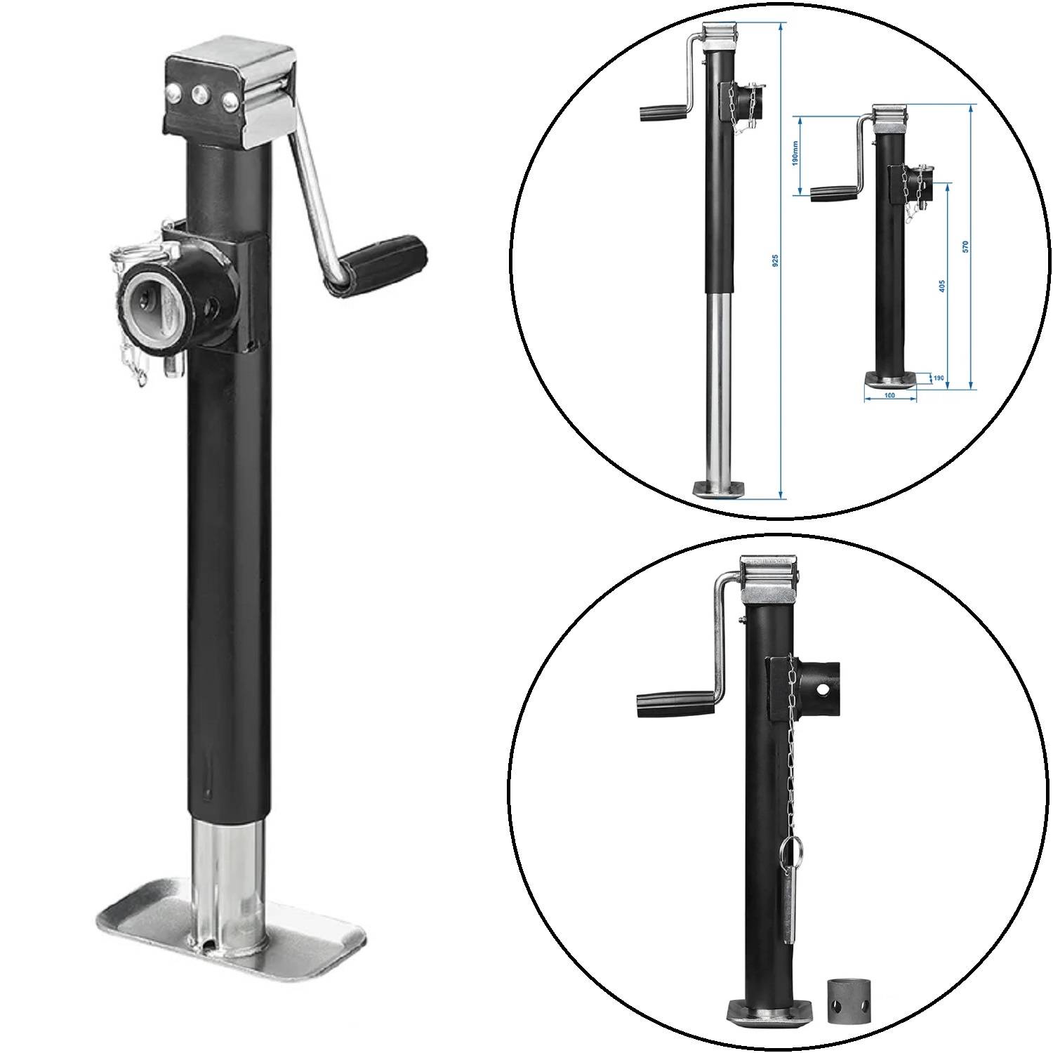 Das Bild zeigt einen Anhänger-Wagenheber mit einer seitlichen Kurbelvorrichtung. Eingesetzte Diagramme heben Maßangaben und Seitenansichtsdetails hervor.