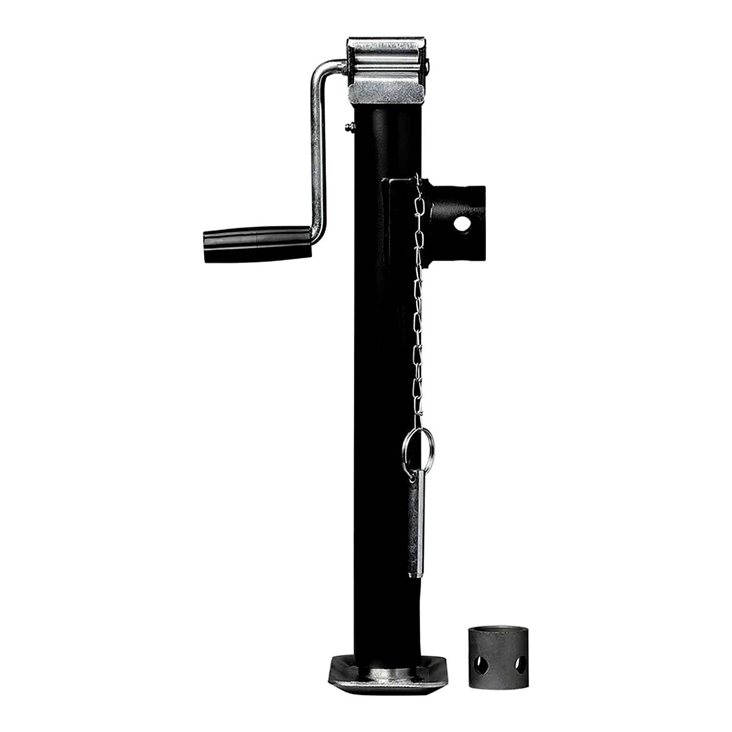 Ein schwarzer und silberner Anhänger-Wagenheber mit Kurbelgriff, vertikaler Säule und Fußplatte zum Anheben oder Absenken von Anhängern. Inklusive Befestigungshalterung.