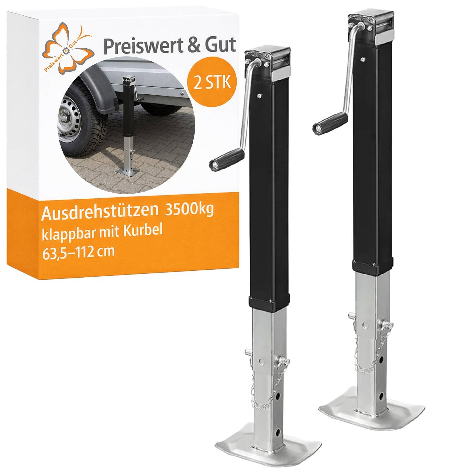 Preiswert & Gut' 2 klappbare Wagenheber, 3500 kg Tragfähigkeit, ausziehbar von 63,5-112 cm, abgebildet mit Verpackung und für den Außeneinsatz.