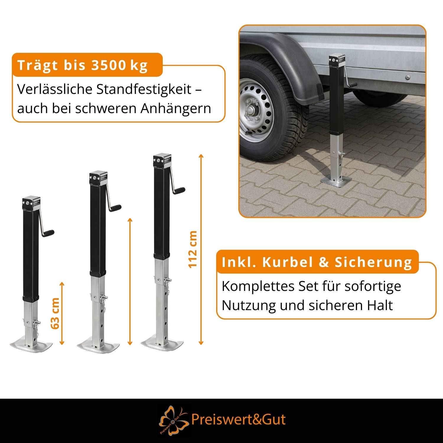 2x Anhänger Stützen Set verstellbar 63,5-112 Anhängerstütze 3500KG Ausdrehstütze